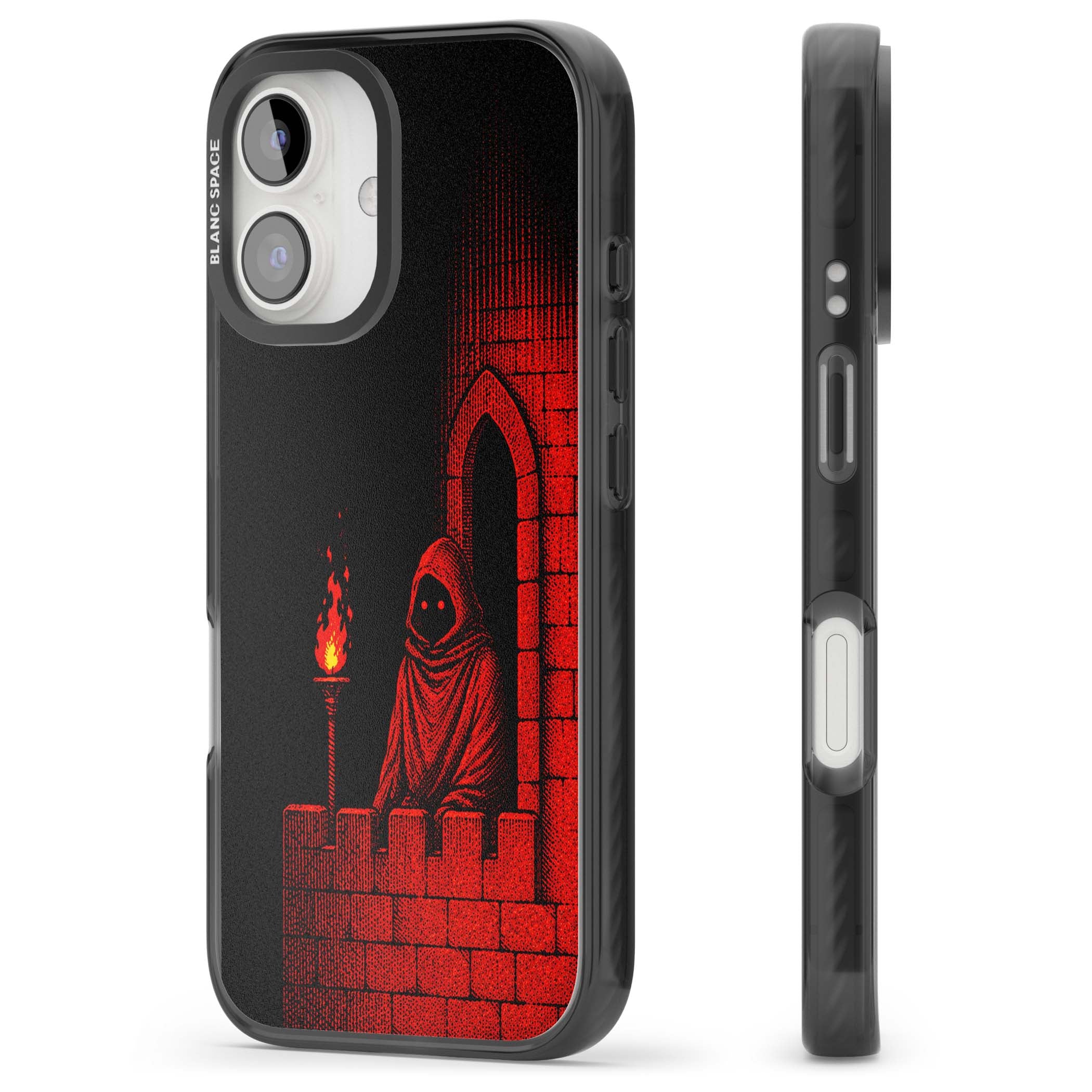 Crimson Crypt gothic iPhone case featuring a hooded reaper, torchlit crypt archway and red halftone horror art | Black Impact case for iPhone 16, iPhone 16 Plus