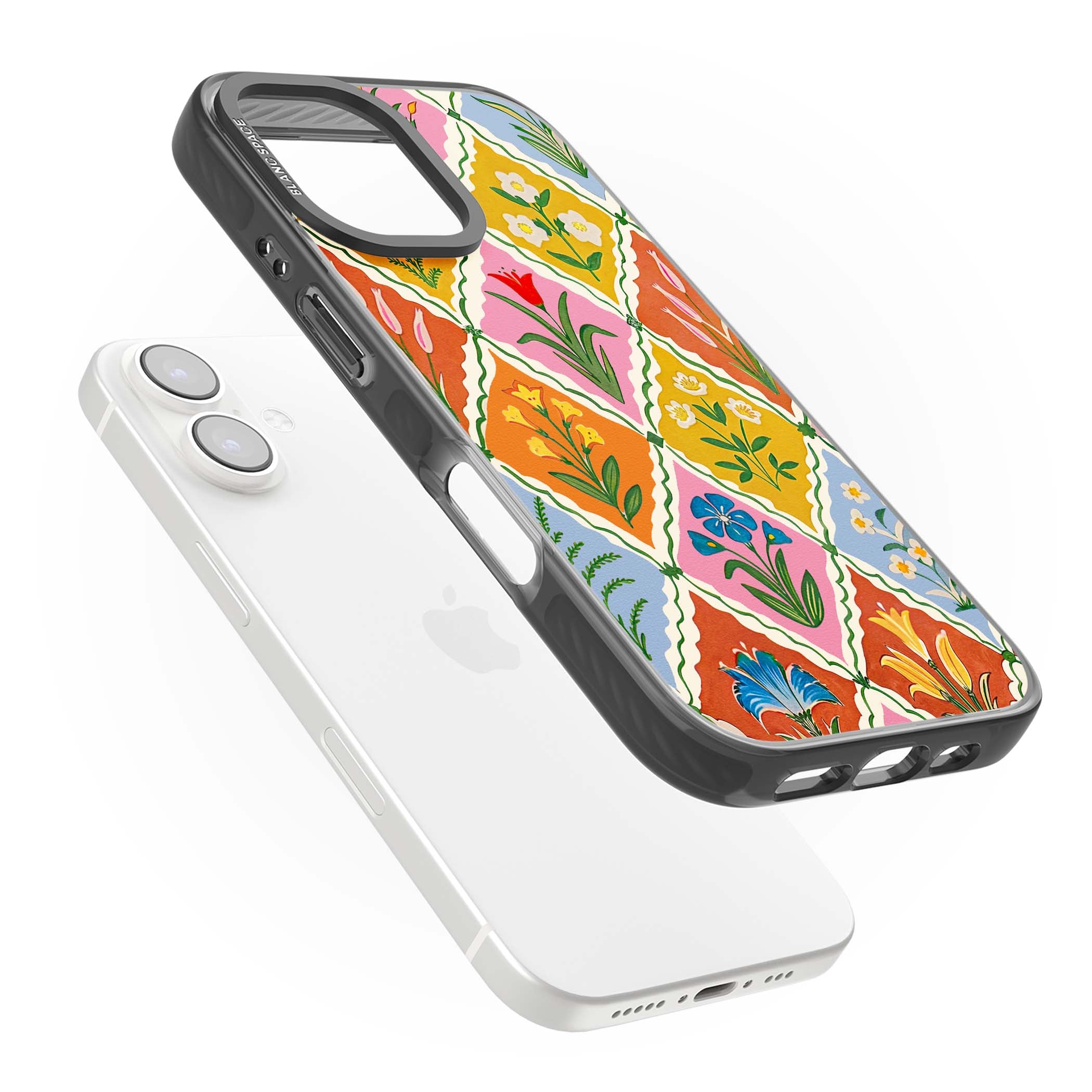 Floral Quilt boho floral iPhone case featuring diamond lattice pattern, hand-painted tulips and folk art wildflowers | Black Impact case for iPhone 16, iPhone 16 Plus
