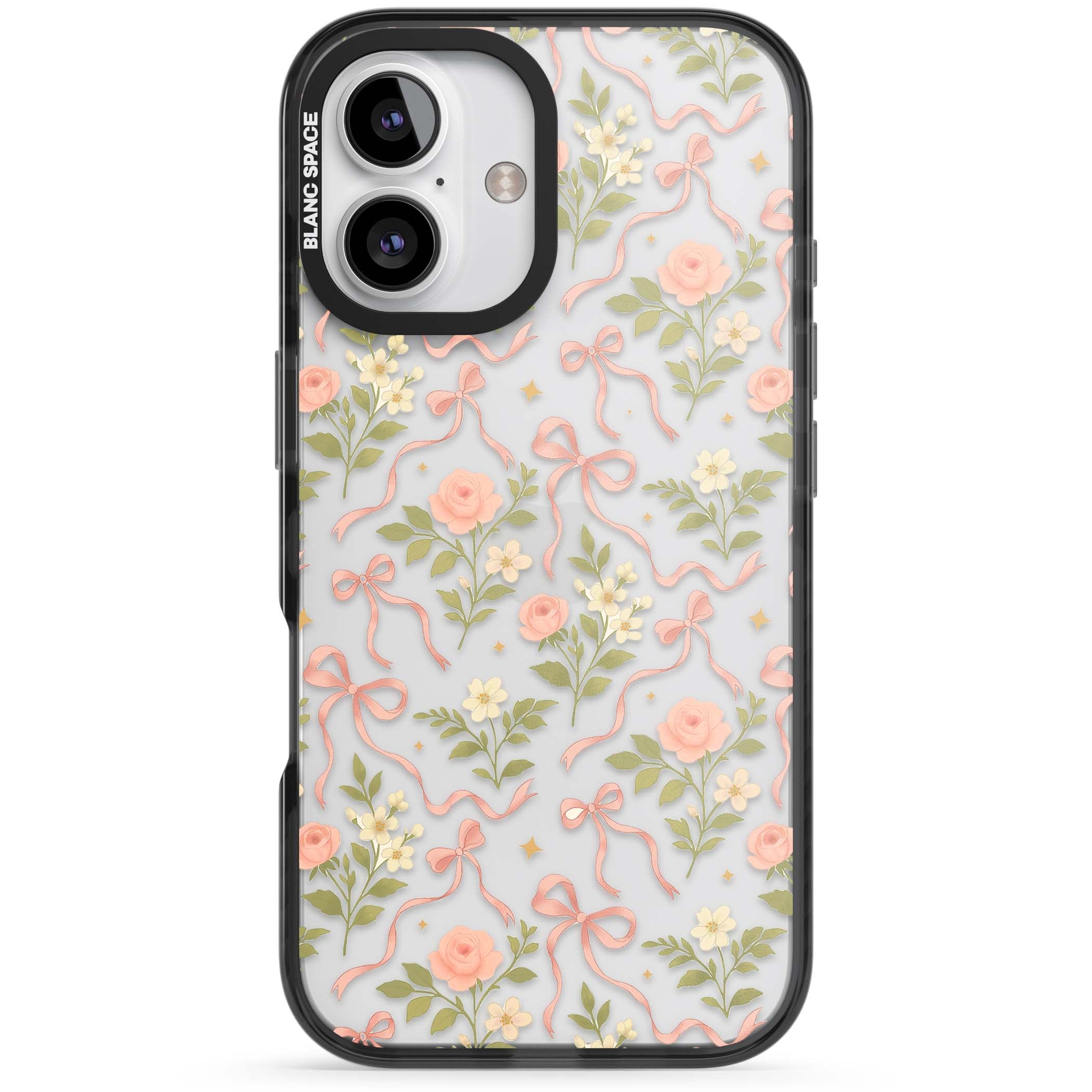 Ribbon Garden coquette iPhone case featuring pink bows, peach roses and wildflowers on white background | Black Impact case for iPhone 16, iPhone 16 Plus