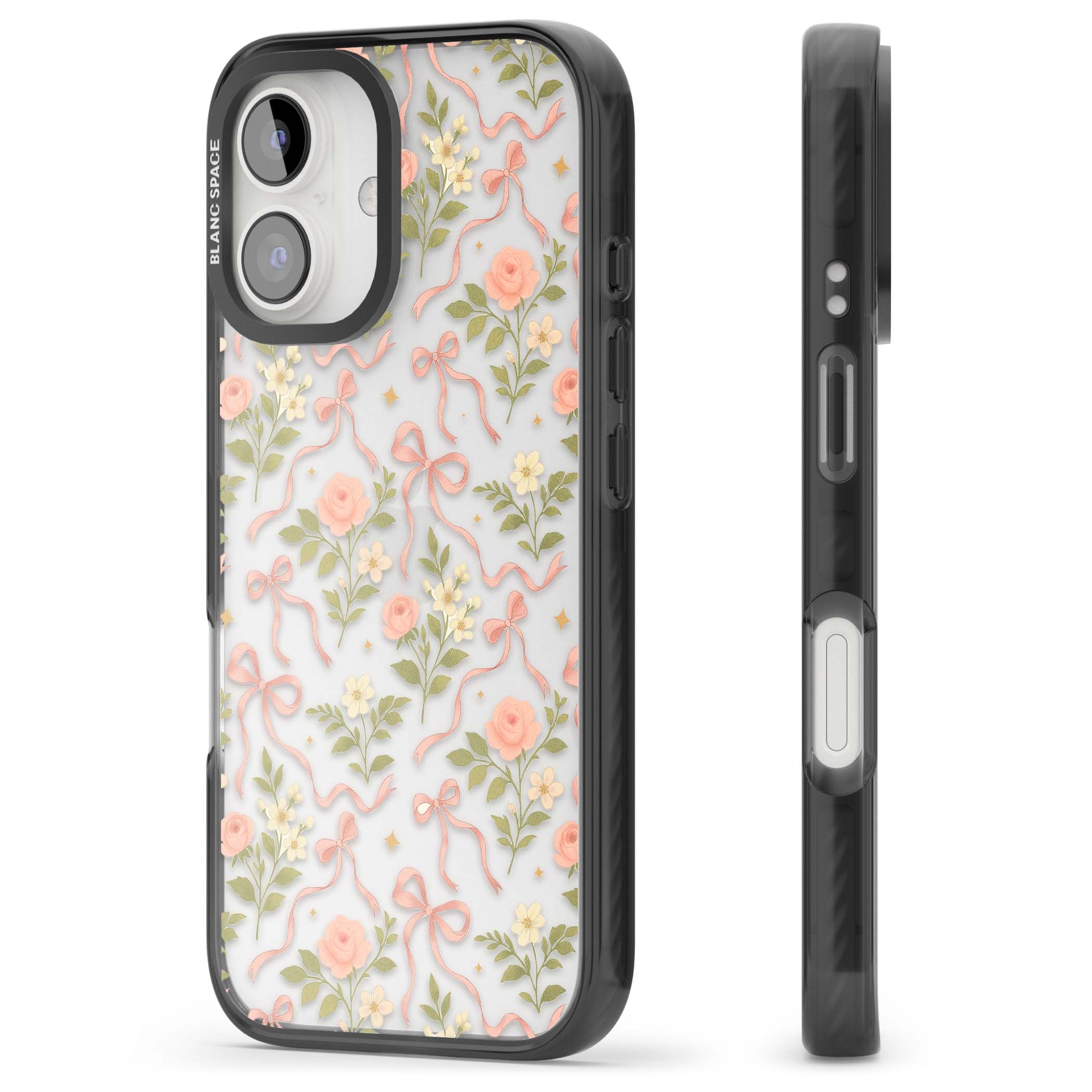 Ribbon Garden coquette iPhone case featuring pink bows, peach roses and wildflowers on white background | Black Impact case for iPhone 16, iPhone 16 Plus