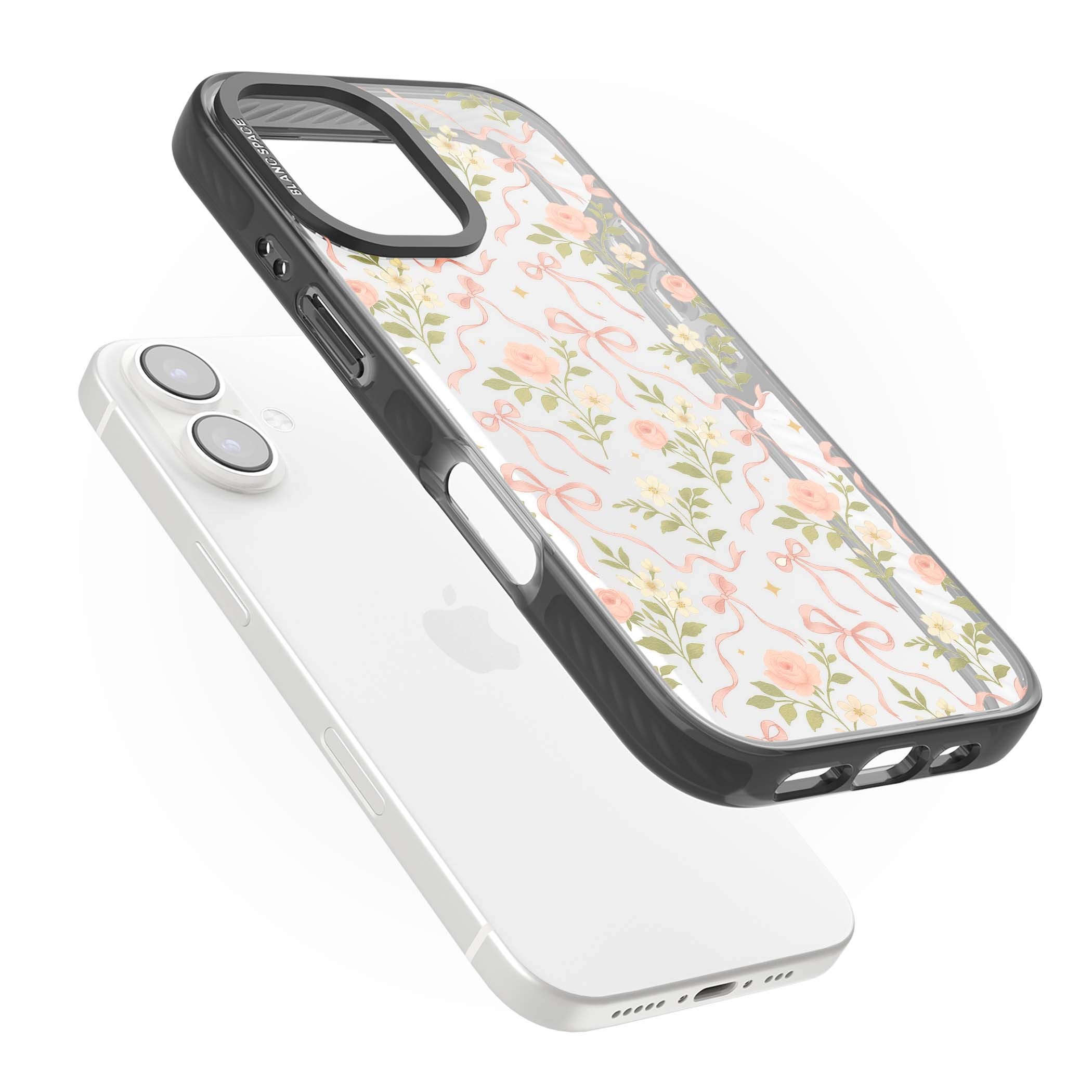 Ribbon Garden coquette iPhone case featuring pink bows, peach roses and wildflowers on white background | Black Impact case for iPhone 16, iPhone 16 Plus