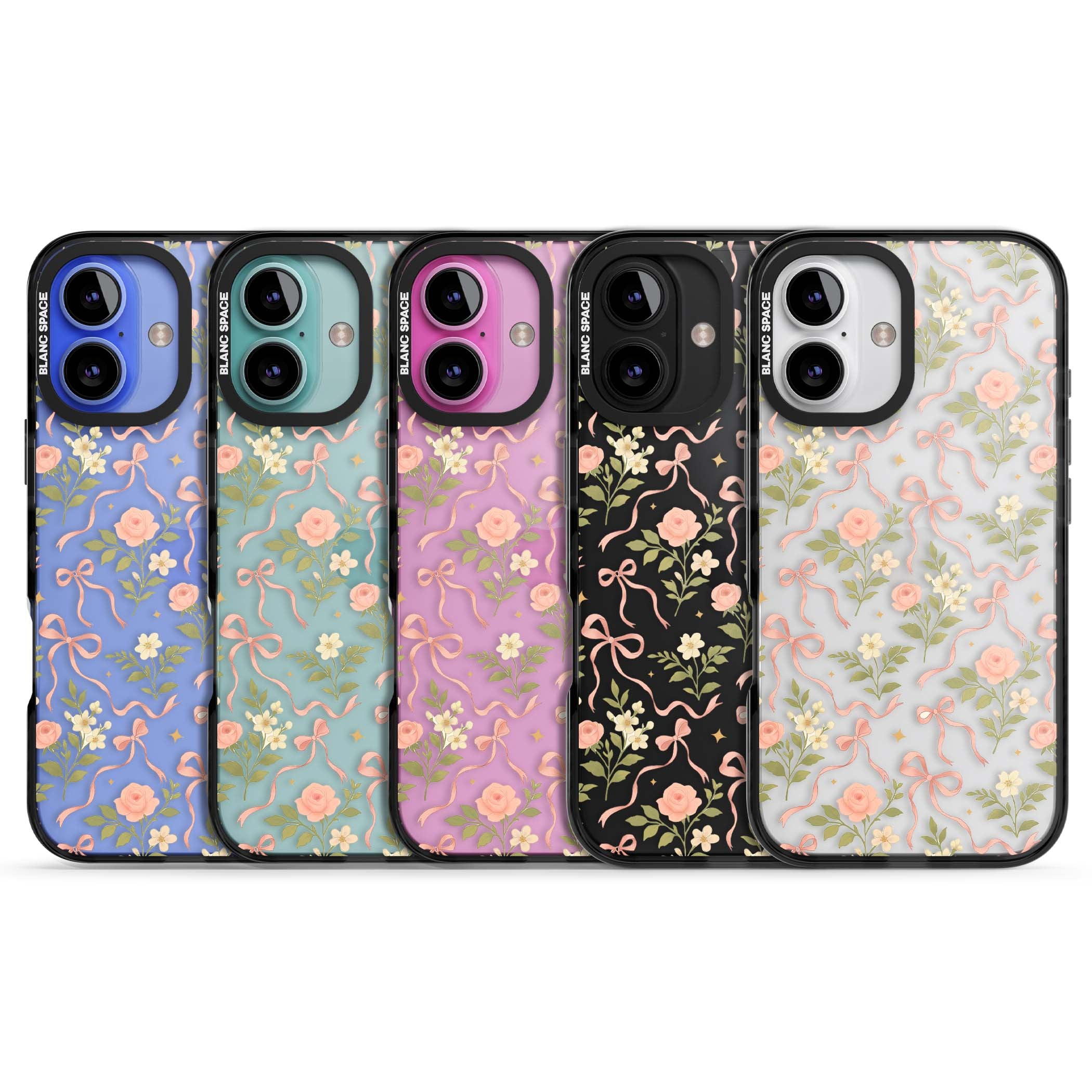 Ribbon Garden coquette iPhone case featuring pink bows, peach roses and wildflowers on white background | Black Impact case for iPhone 16, iPhone 16 Plus
