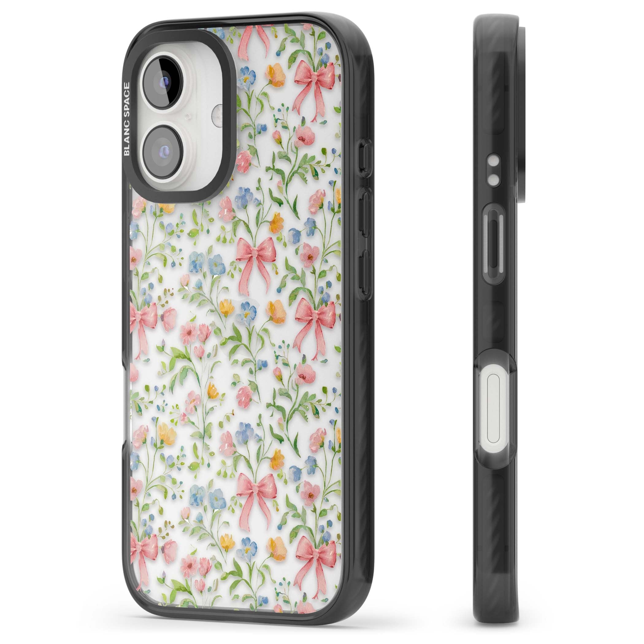 Ribbons & Wildflowers cottagecore iPhone case featuring watercolor wildflowers, pink satin bows, and delicate spring blooms o | Black Impact case for iPhone 16, iPhone 16 Plus