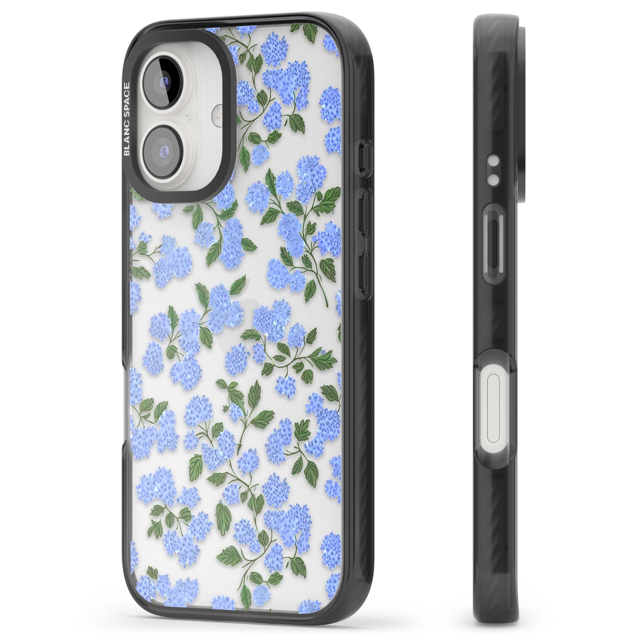 Hydrangea Dreams cottagecore iPhone case featuring soft blue hydrangea flower clusters and green leaves | Black Impact case for iPhone 16, iPhone 16 Plus