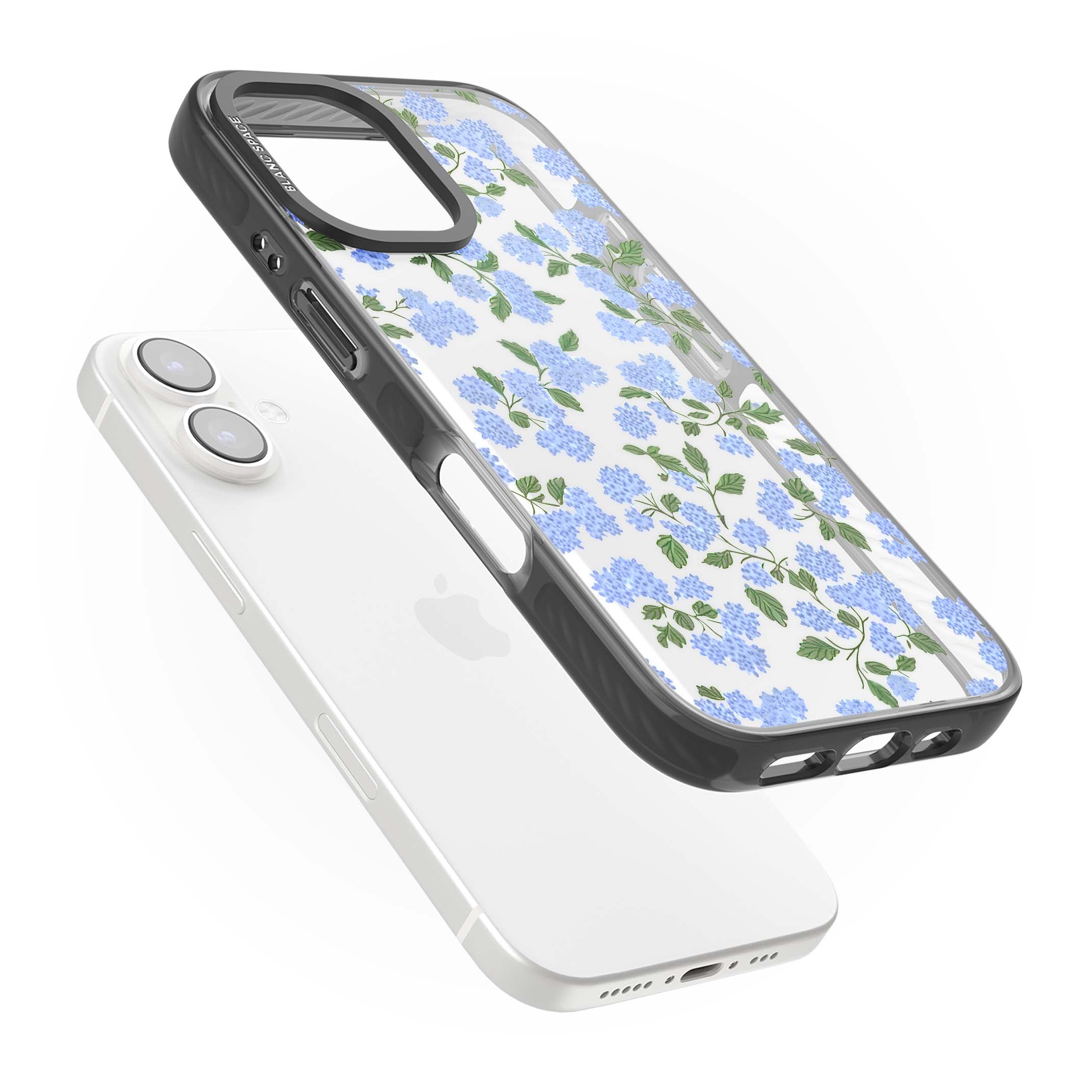 Hydrangea Dreams cottagecore iPhone case featuring soft blue hydrangea flower clusters and green leaves | Black Impact case for iPhone 16, iPhone 16 Plus