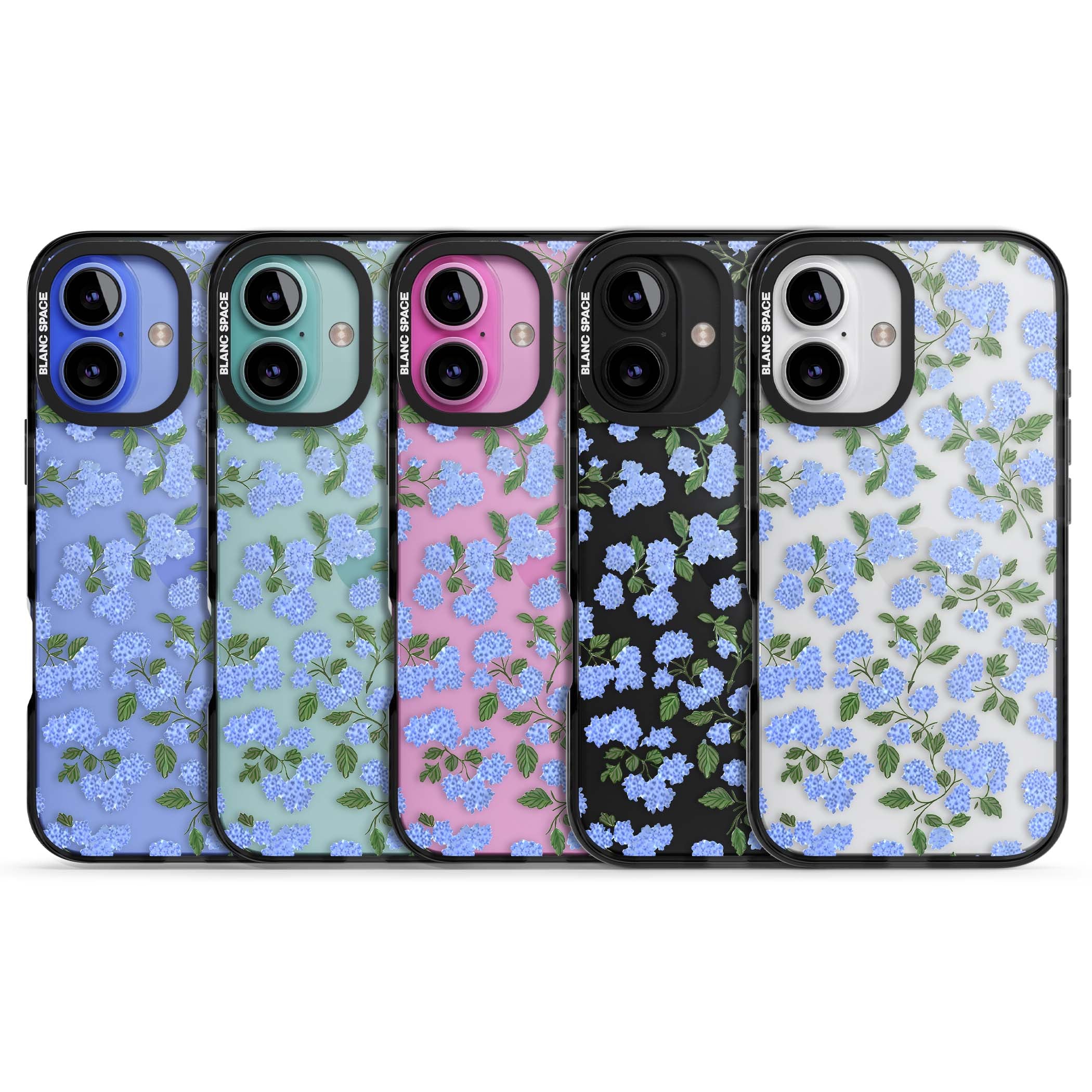 Hydrangea Dreams cottagecore iPhone case featuring soft blue hydrangea flower clusters and green leaves | Black Impact case for iPhone 16, iPhone 16 Plus