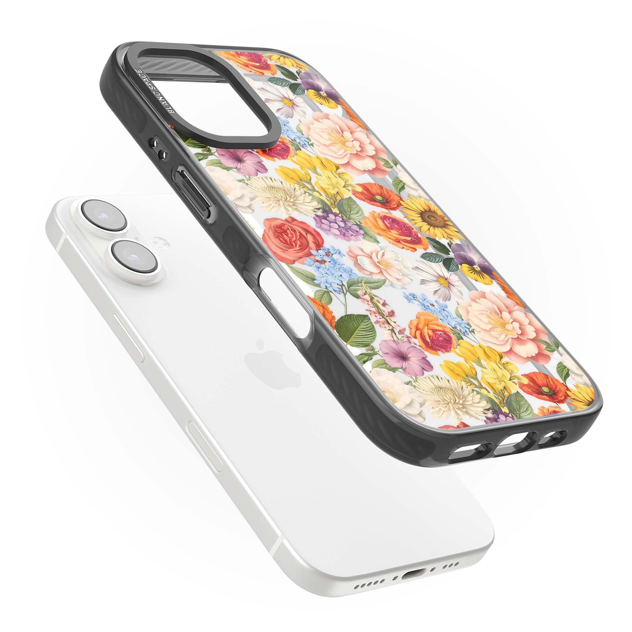 Bloom Basket floral iPhone case featuring cottage garden flowers including peonies, sunflowers, and wildflowers in pastel col | Black Impact case for iPhone 16, iPhone 16 Plus