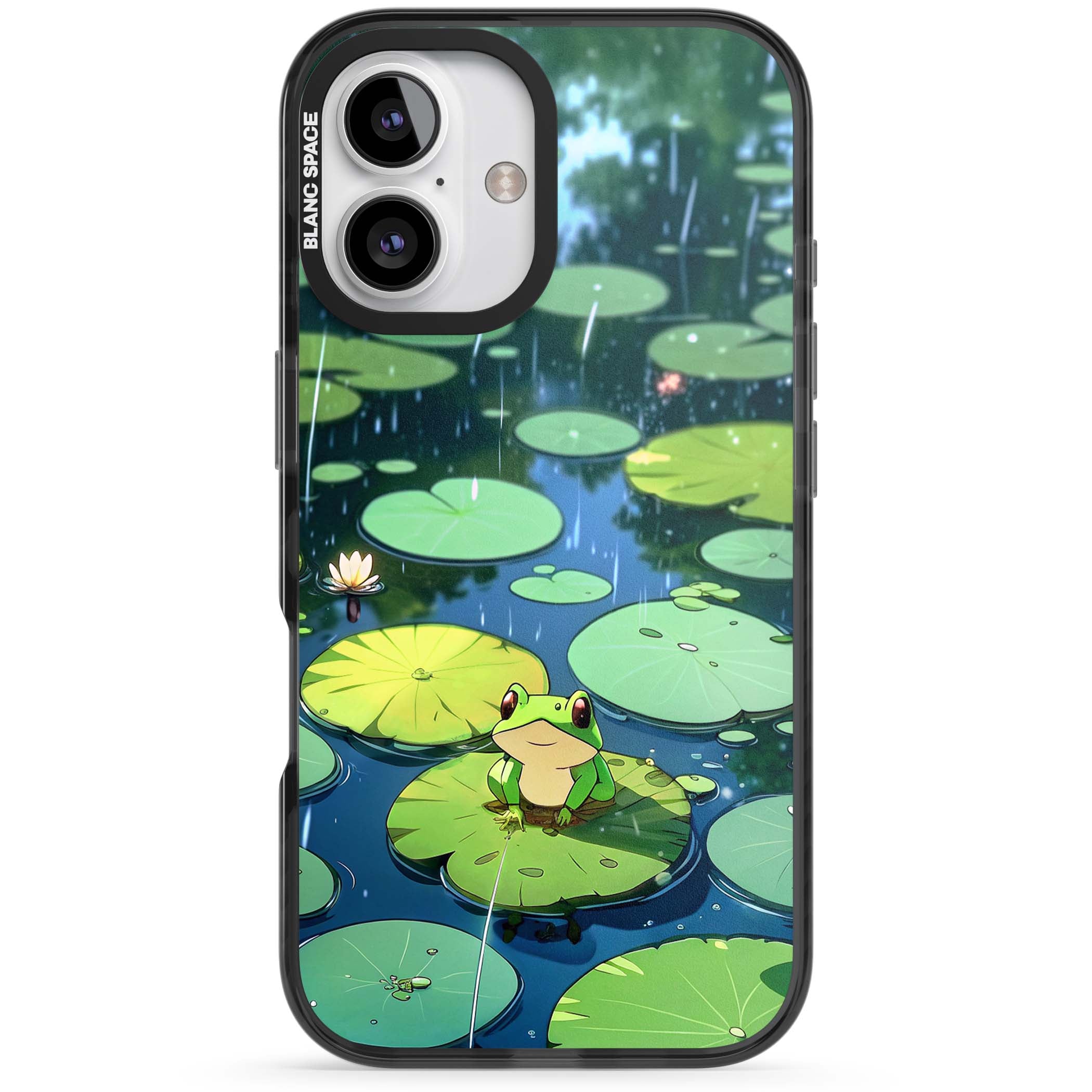 Frog In Lily Pond cottagecore iPhone case featuring a cute green frog on a lily pad with falling rain and a lotus flower | Black Impact case for iPhone 16, iPhone 16 Plus