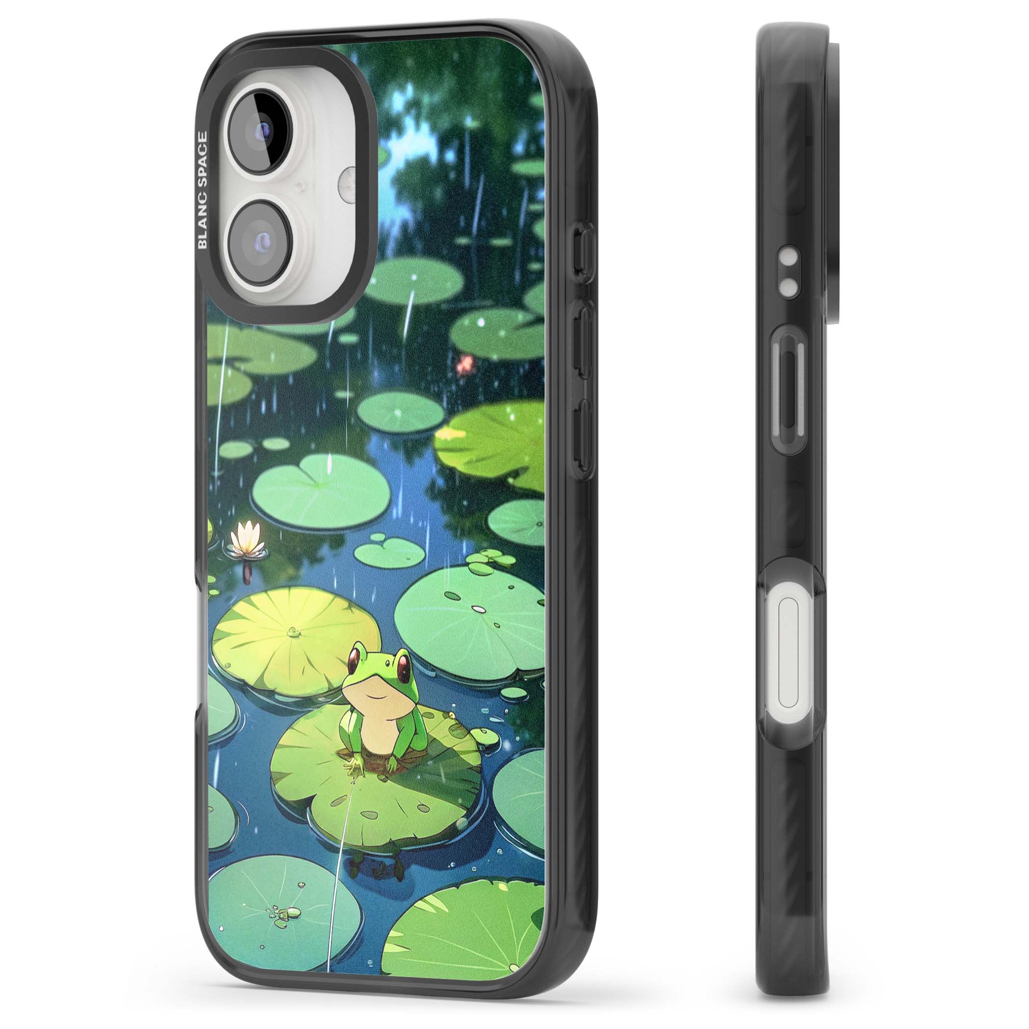 Frog In Lily Pond cottagecore iPhone case featuring a cute green frog on a lily pad with falling rain and a lotus flower | Black Impact case for iPhone 16, iPhone 16 Plus