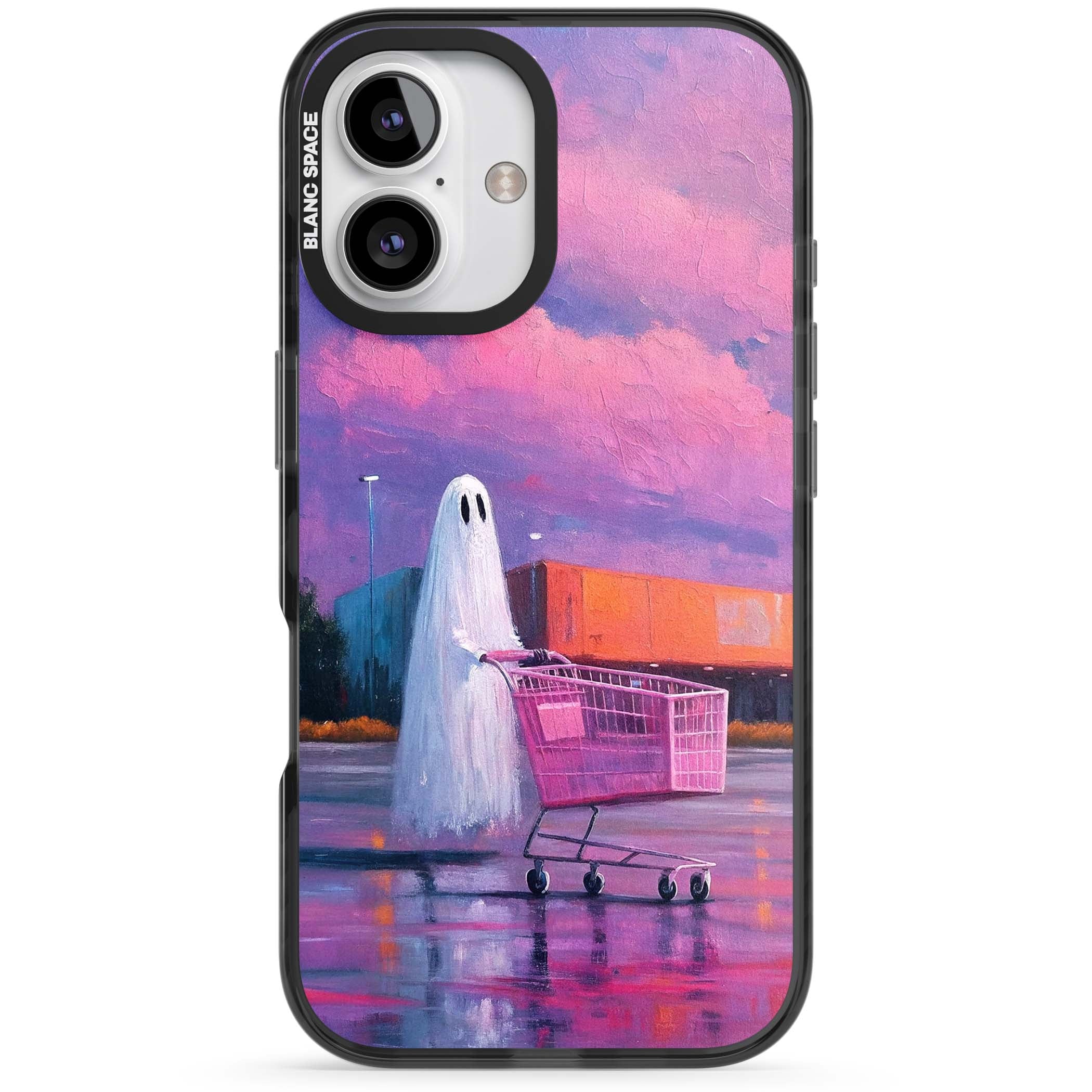 A Ghost's Errand ghost halloween iPhone case featuring a painted ghost, pink shopping trolley and purple sunset sky | Black Impact case for iPhone 16, iPhone 16 Plus