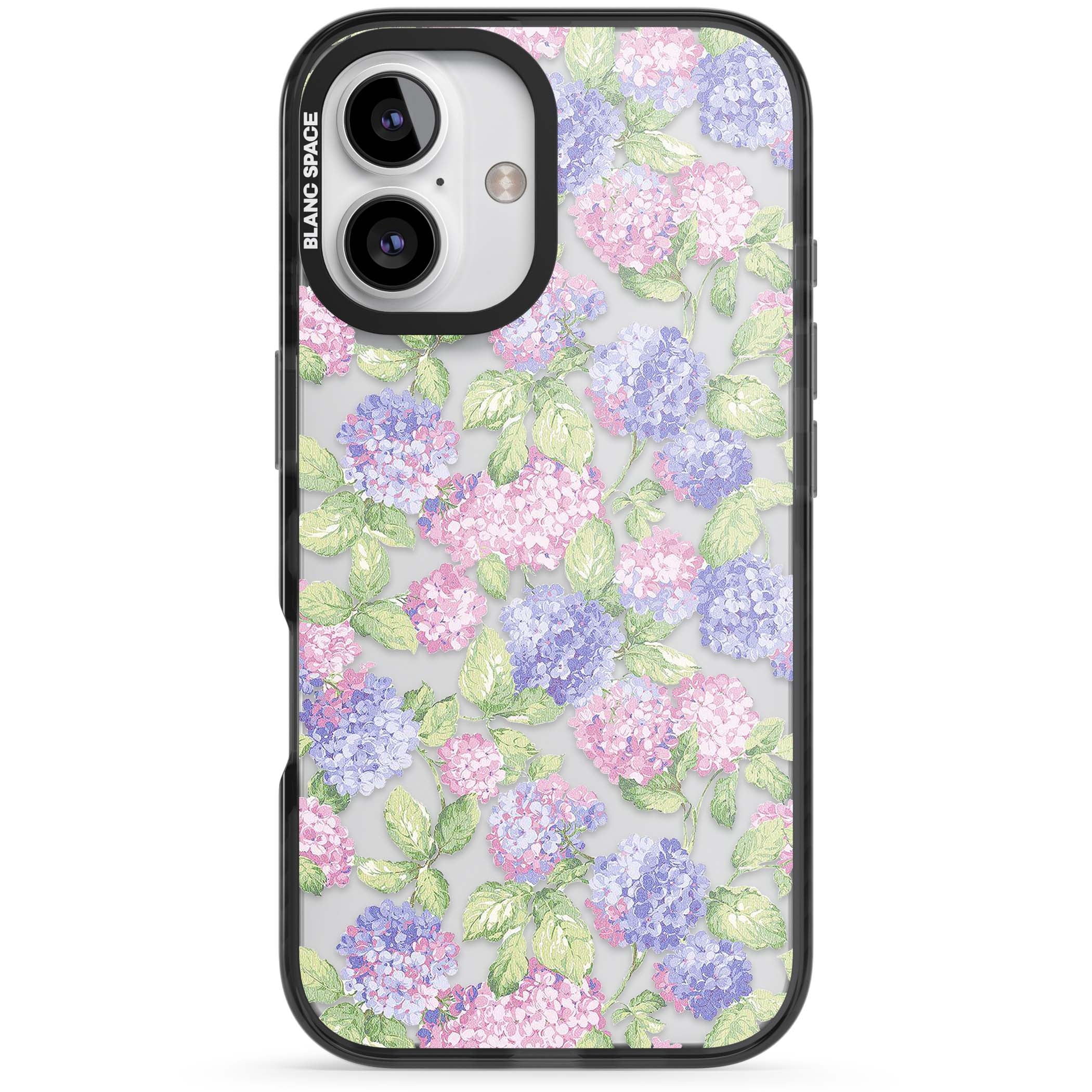 Cottage Hydrangea cottagecore iPhone case featuring pink and purple hydrangea blooms with green leaves on a clear background | Black Impact case for iPhone 16, iPhone 16 Plus