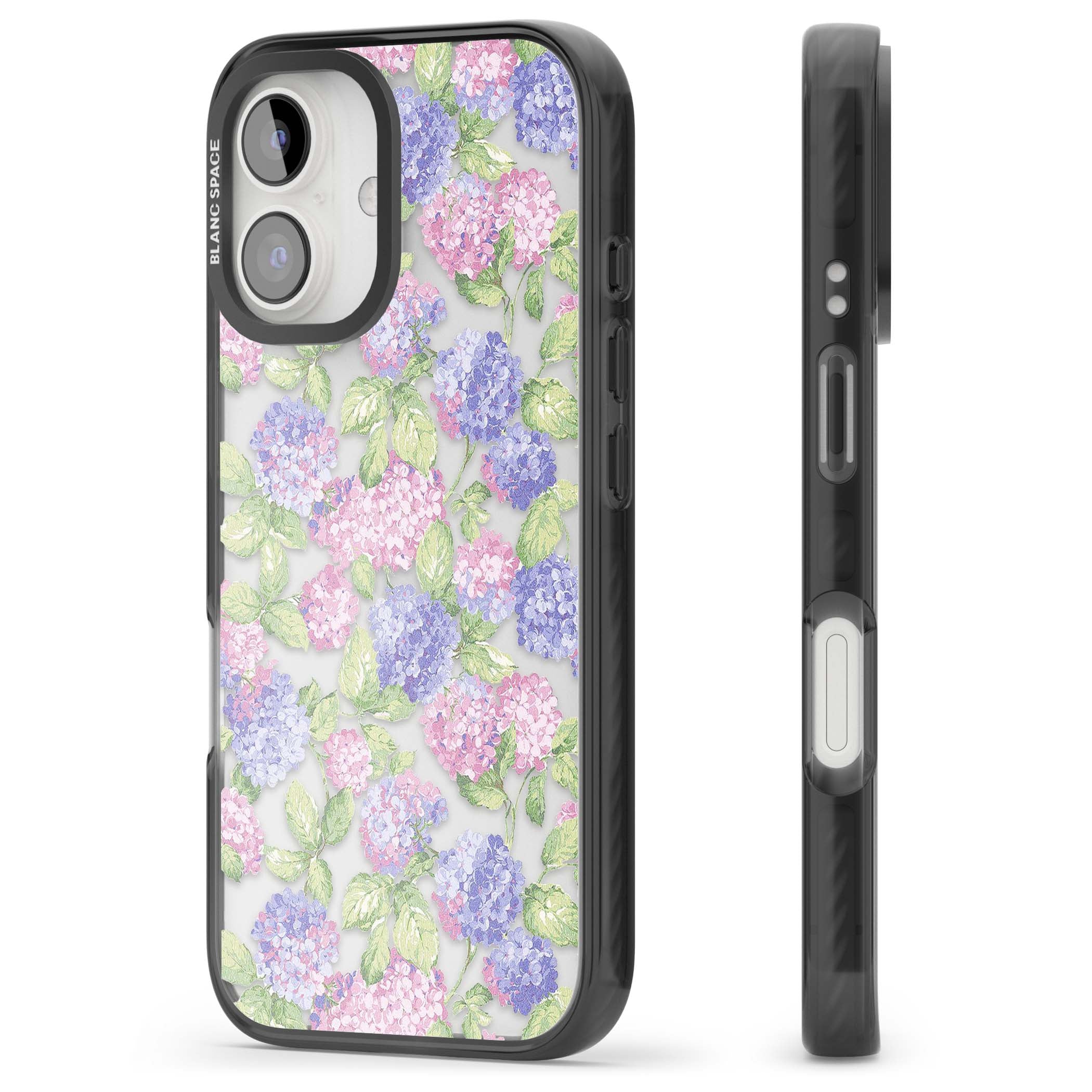Cottage Hydrangea cottagecore iPhone case featuring pink and purple hydrangea blooms with green leaves on a clear background | Black Impact case for iPhone 16, iPhone 16 Plus