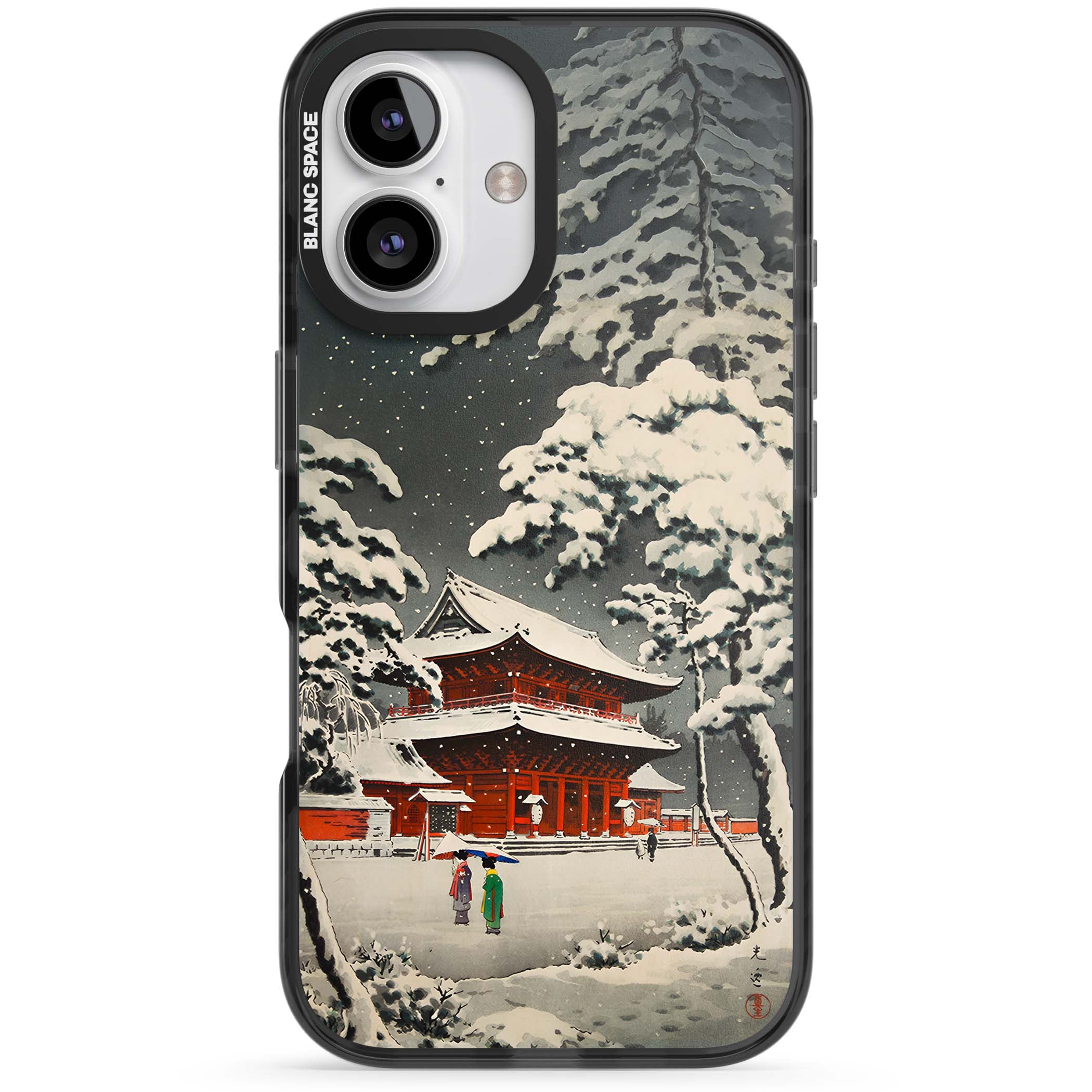 Snow at Shiha Park, Tokyo Japanese art iPhone case featuring a vintage ukiyo-e snowy temple, red pagoda, and snow-covered pin | Black Impact case for iPhone 16, iPhone 16 Plus