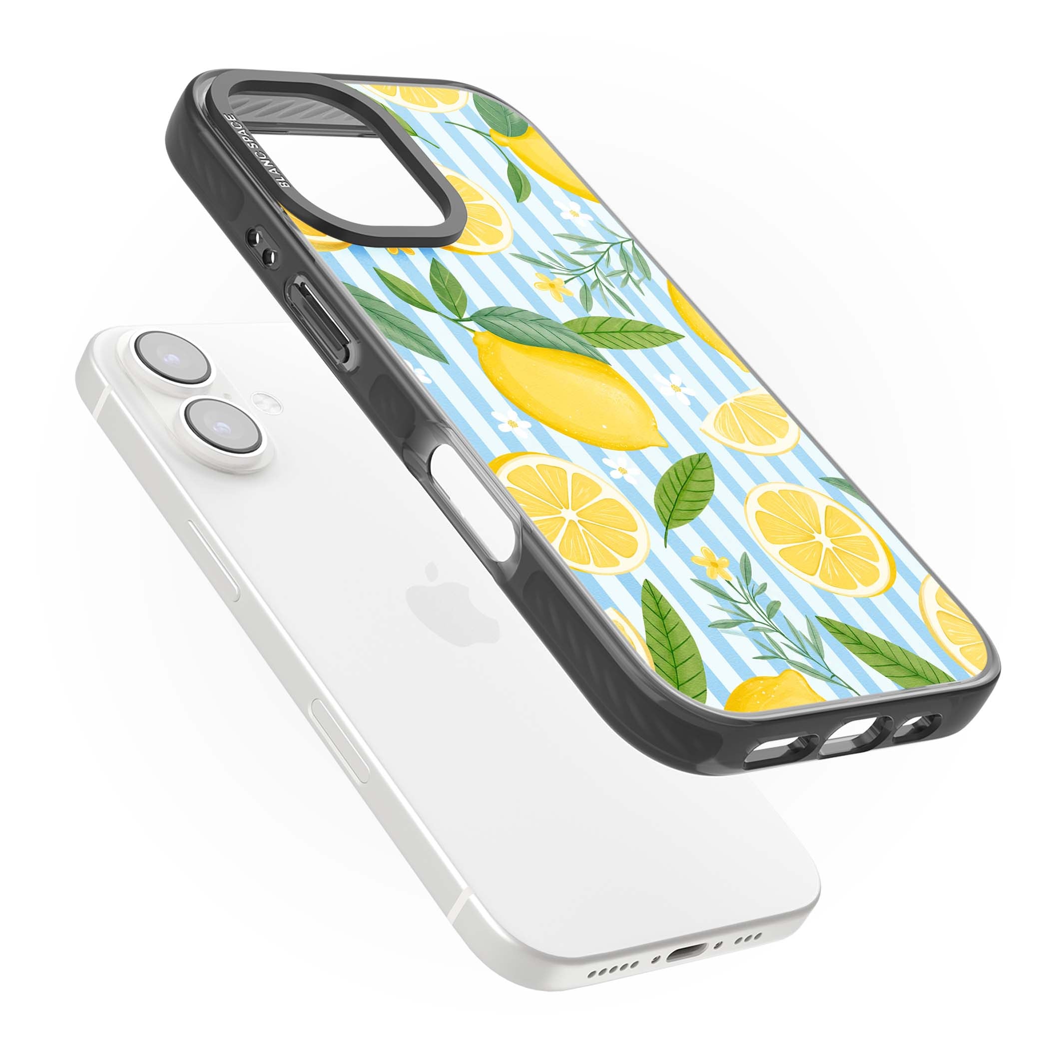 Capri Citrus Stripe coastal iPhone case featuring yellow lemons, blue stripes, and white daisy blossoms | Black Impact case for iPhone 16, iPhone 16 Plus