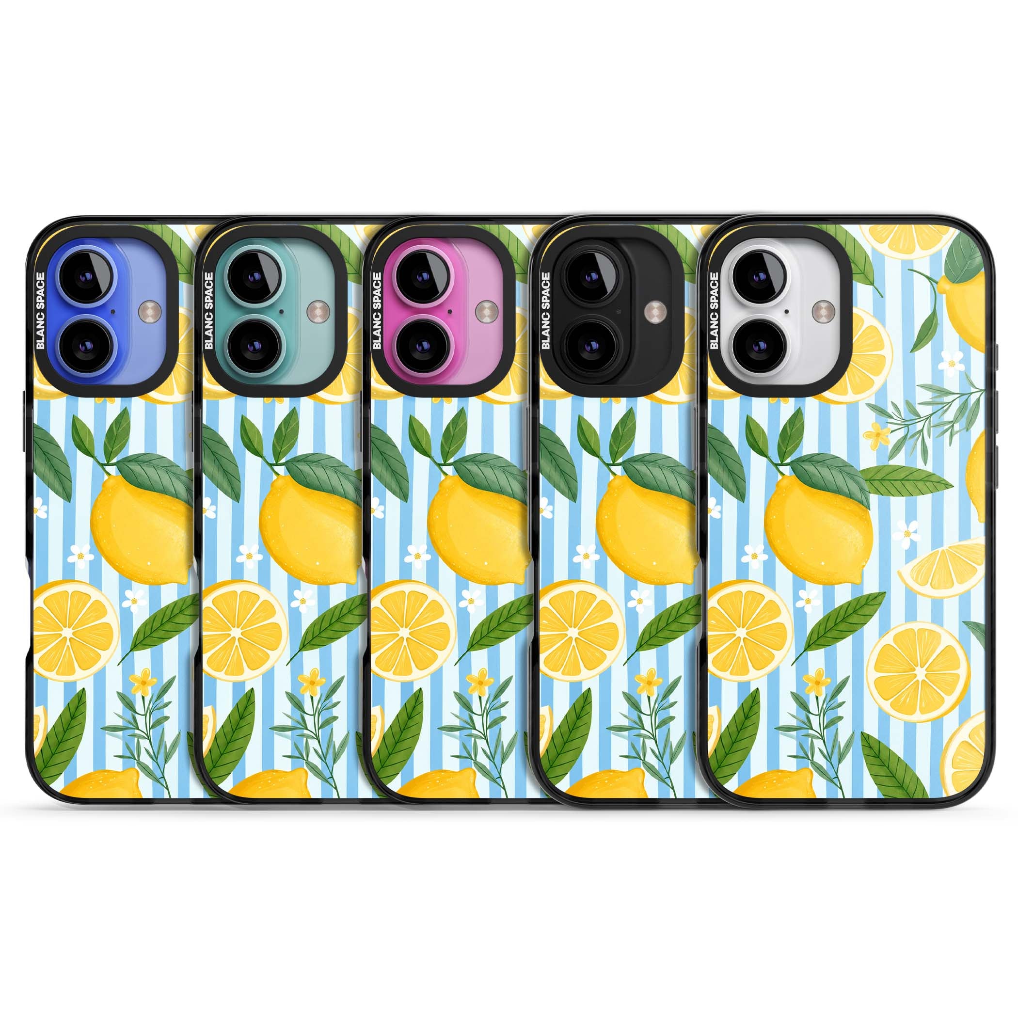 Capri Citrus Stripe coastal iPhone case featuring yellow lemons, blue stripes, and white daisy blossoms | Black Impact case for iPhone 16, iPhone 16 Plus
