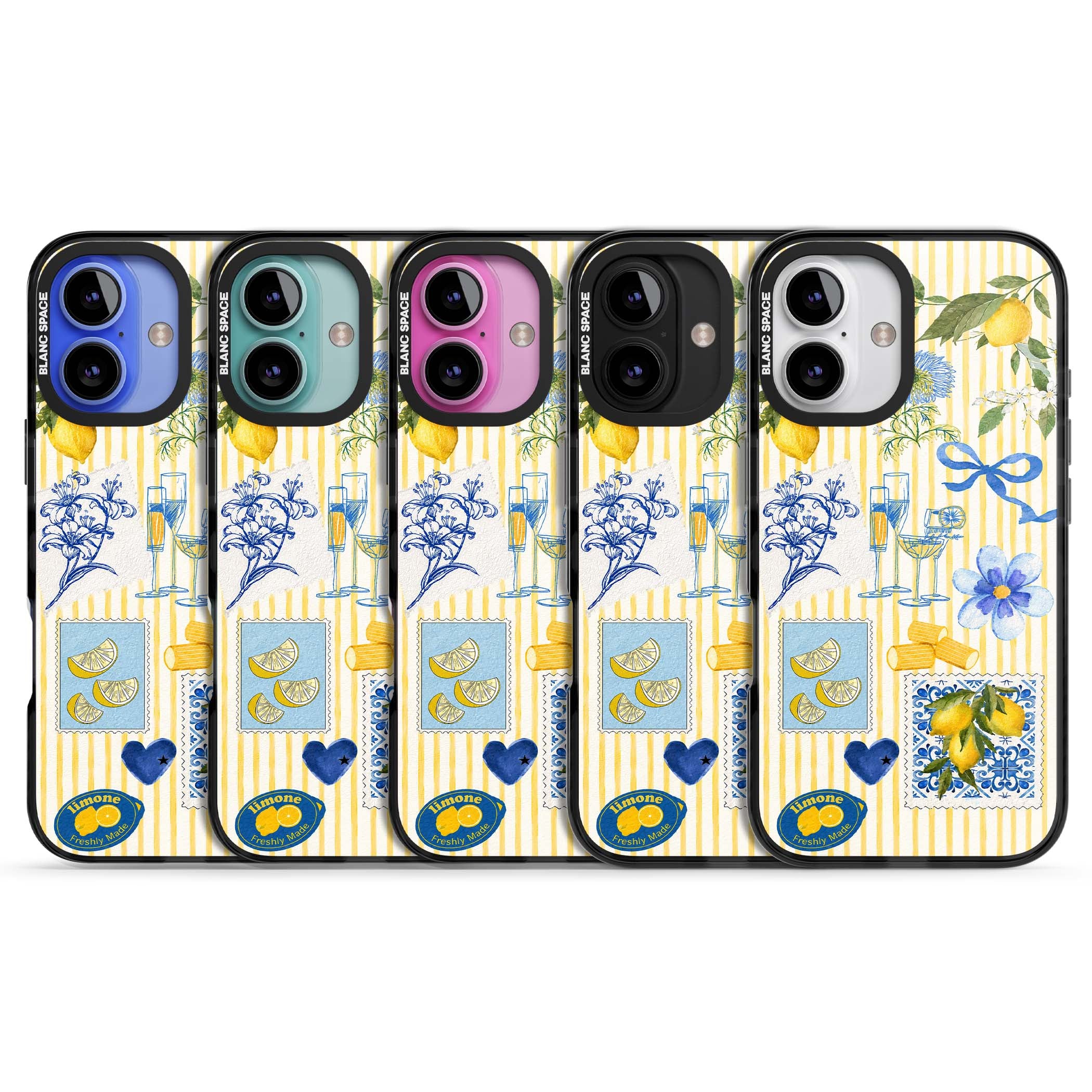 Limone Riviera Italian summer iPhone case featuring watercolour lemons, blue ribbon bows and majolica tile stamps on... | Black Impact case for iPhone 16, iPhone 16 Plus