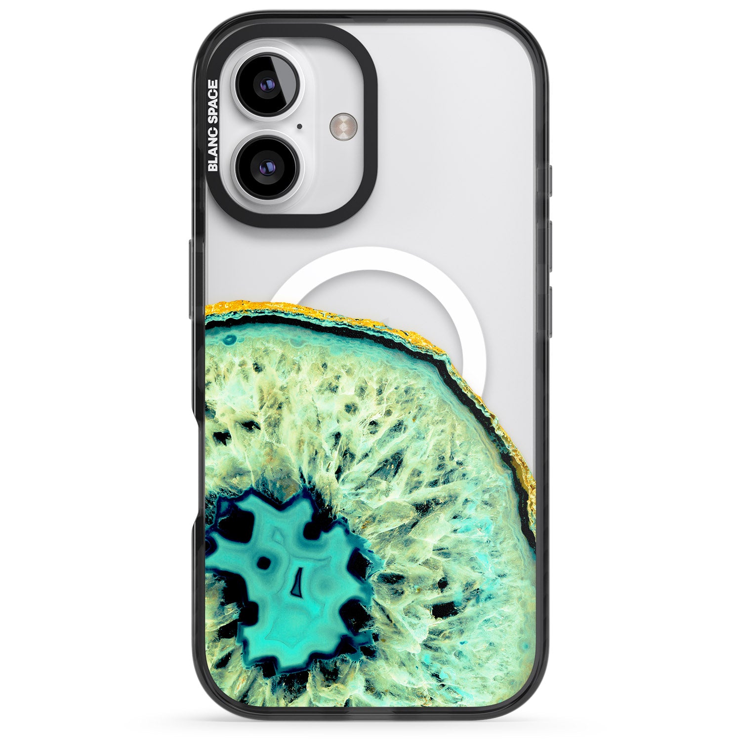 iPhone 16 Pro Max Turquoise & Green Gemstone Crystal Clear Design Black Impact Phone Case