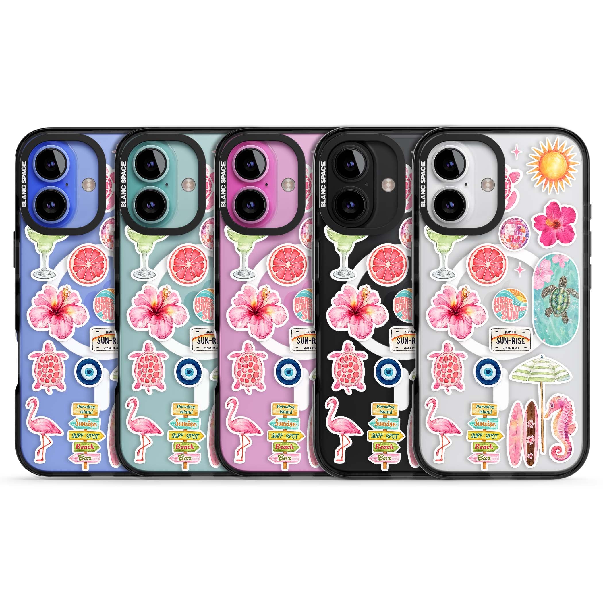 Aloha Sticker Mix tropical summer iPhone case featuring pink hibiscus, sea turtles, flamingo and beach umbrella stickers | Black Impact Magsafe case for iPhone 16, iPhone 16 Plus