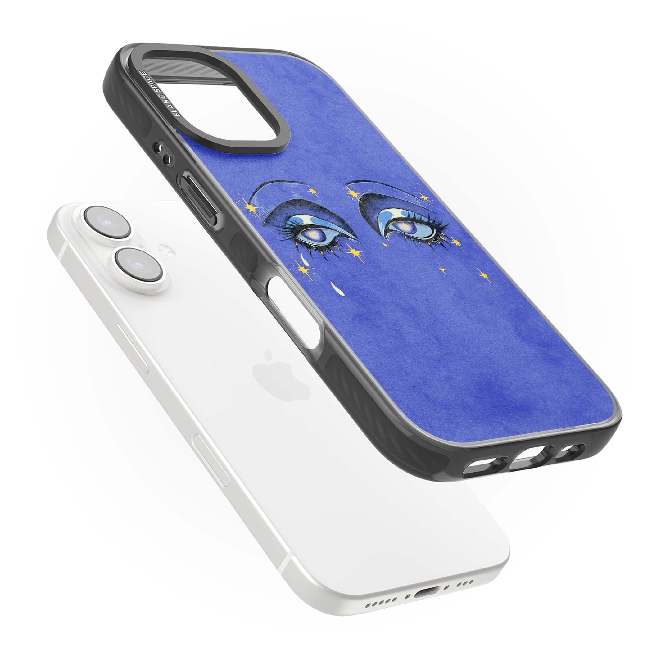 Blue Mystic Eyes celestial iPhone case featuring hand drawn blue mystical eyes, golden stars and a painted tear on indigo | Black Impact Magsafe case for iPhone 16, iPhone 16 Plus