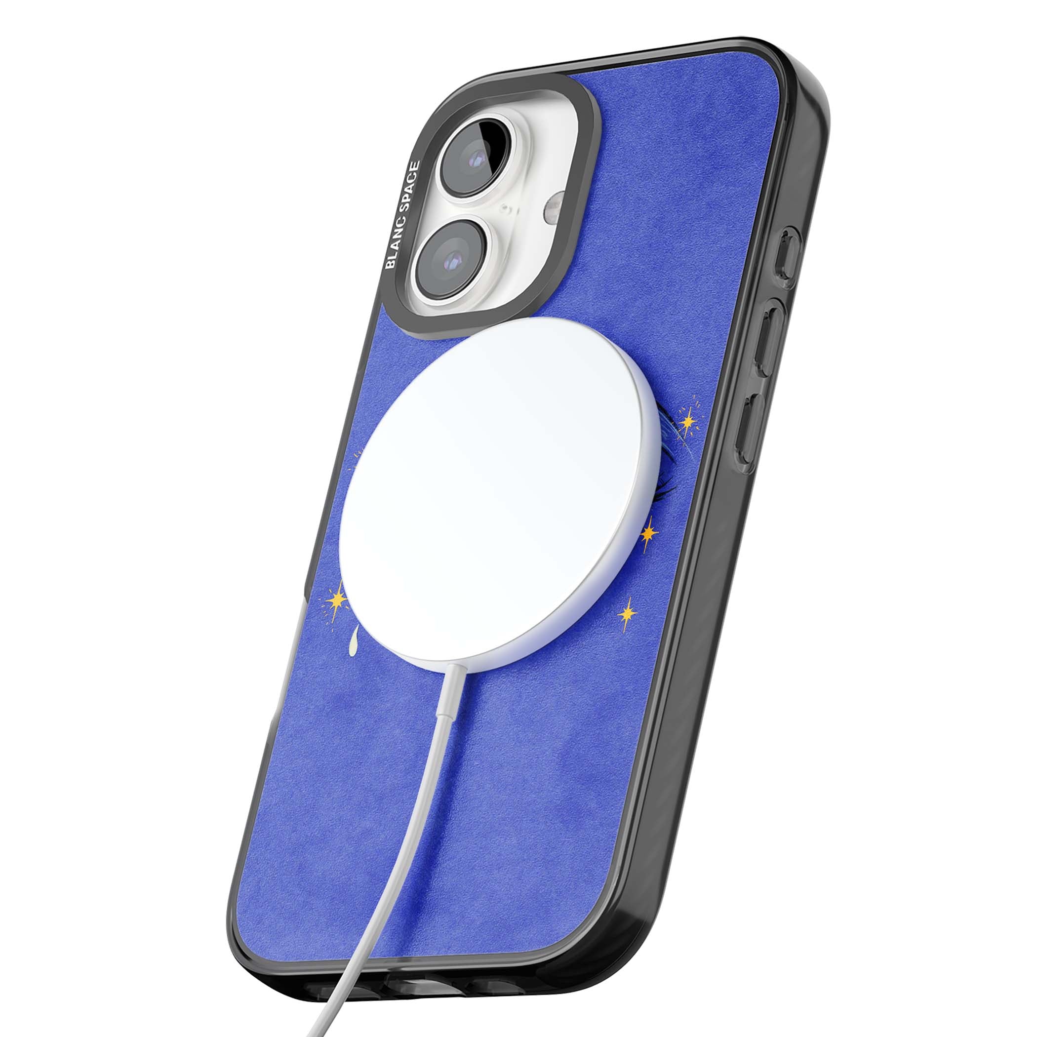 Blue Mystic Eyes celestial iPhone case featuring hand drawn blue mystical eyes, golden stars and a painted tear on indigo | Black Impact Magsafe case for iPhone 16, iPhone 16 Plus