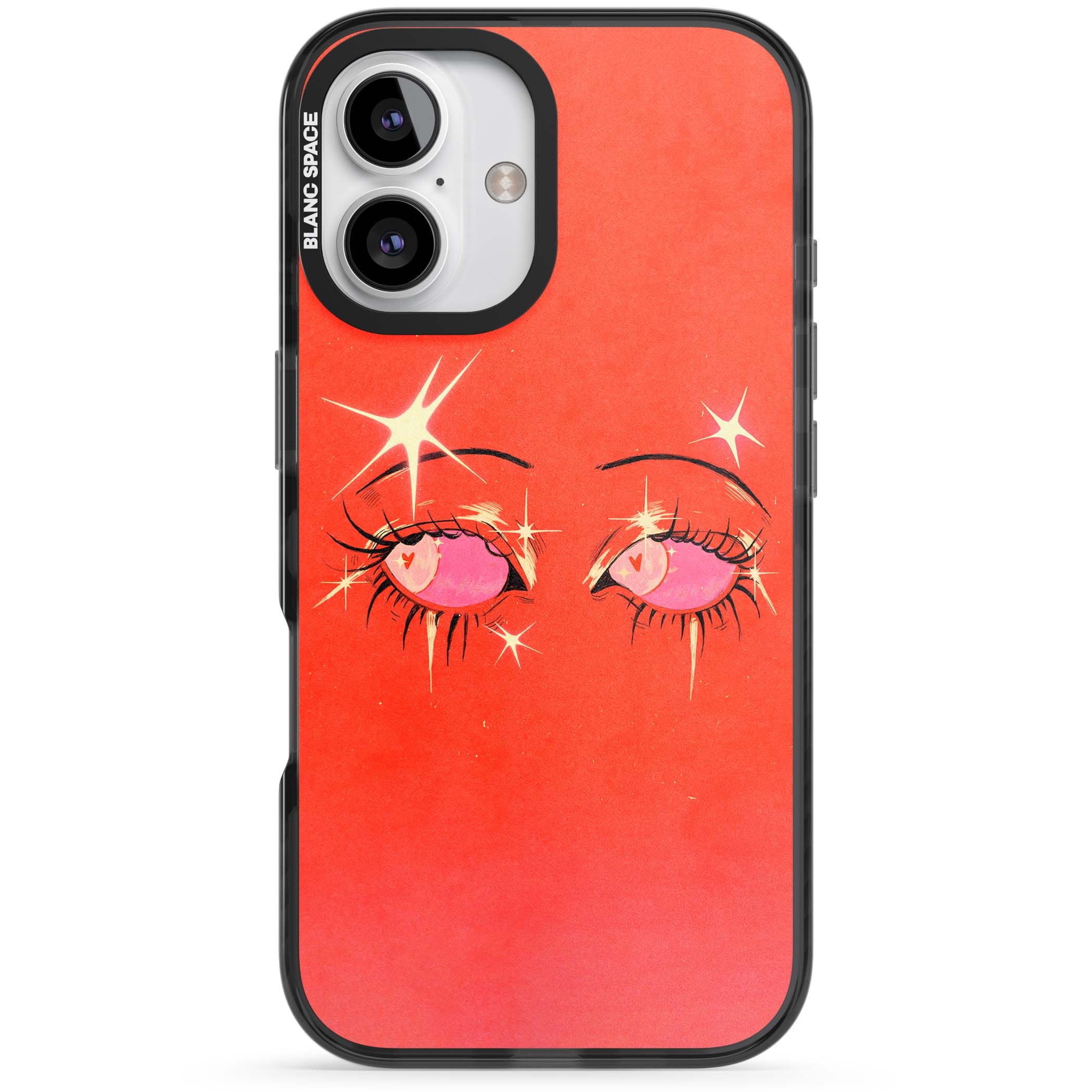 Pink Ethereal Eyes anime iPhone case featuring hand-drawn sparkly eyes with pink hearts and gold stars on red | Black Impact Magsafe case for iPhone 16, iPhone 16 Plus