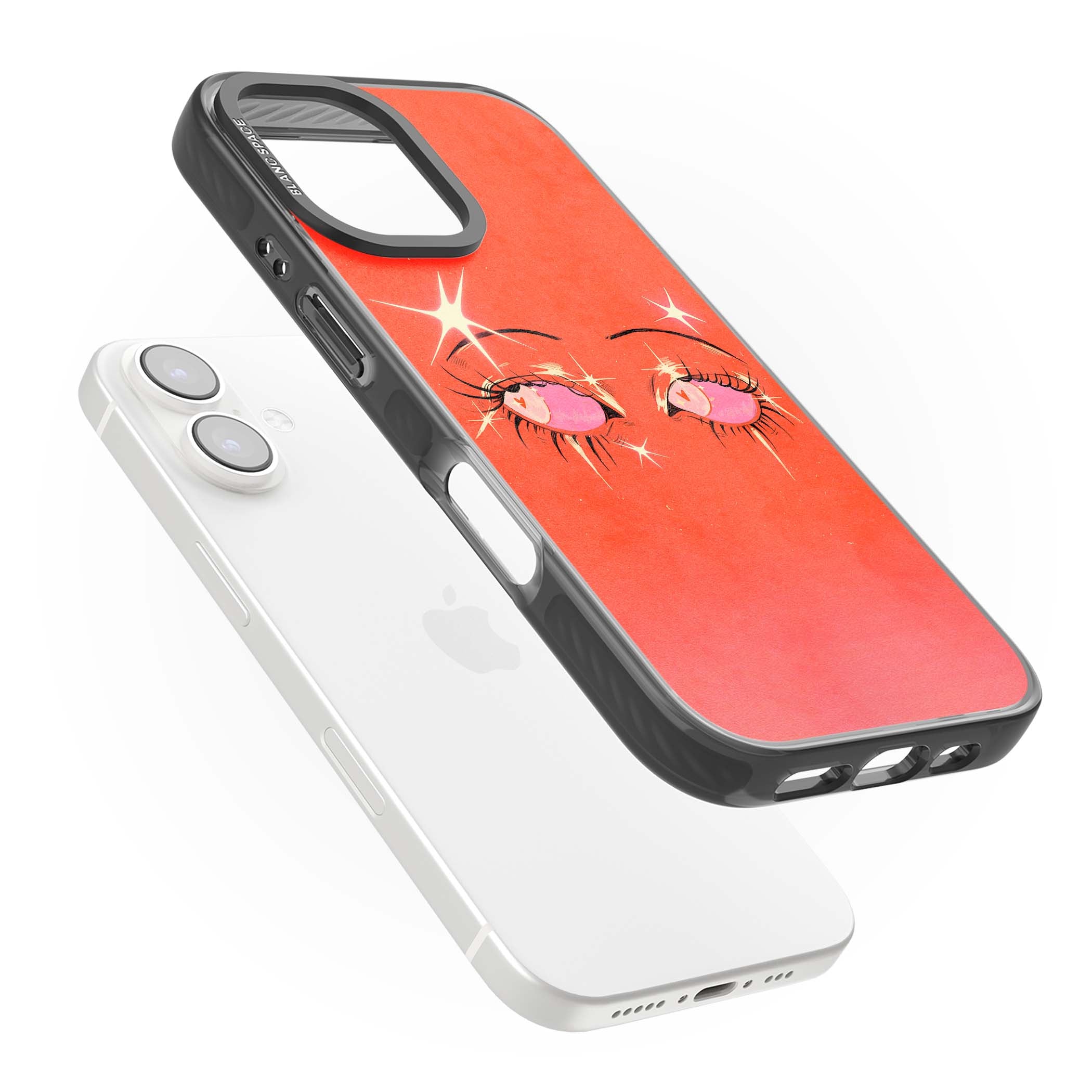 Pink Ethereal Eyes anime iPhone case featuring hand-drawn sparkly eyes with pink hearts and gold stars on red | Black Impact Magsafe case for iPhone 16, iPhone 16 Plus