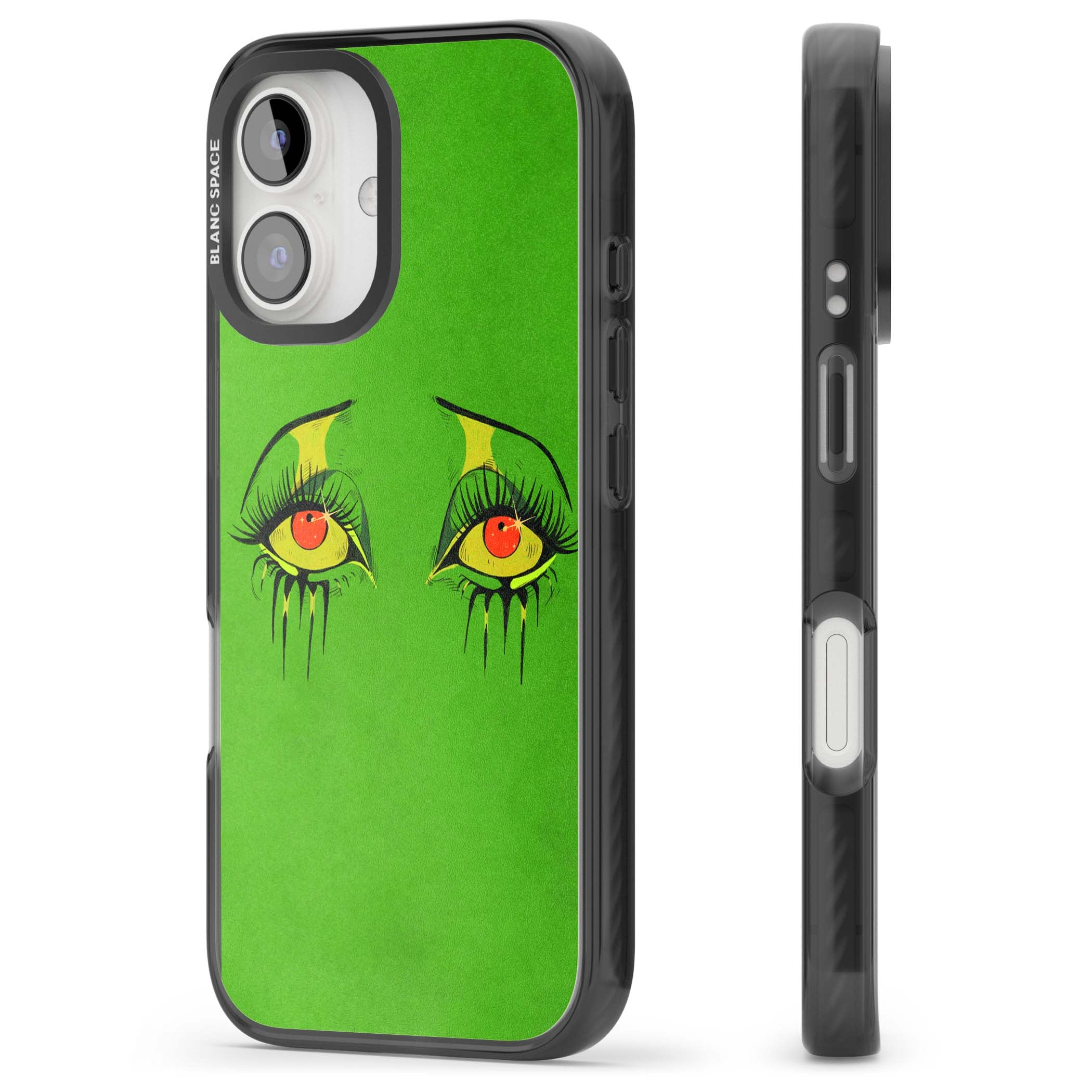 Green Enchanted Eyes psychedelic art iPhone case featuring hand-drawn dripping eyes on neon green background | Black Impact Magsafe case for iPhone 16, iPhone 16 Plus