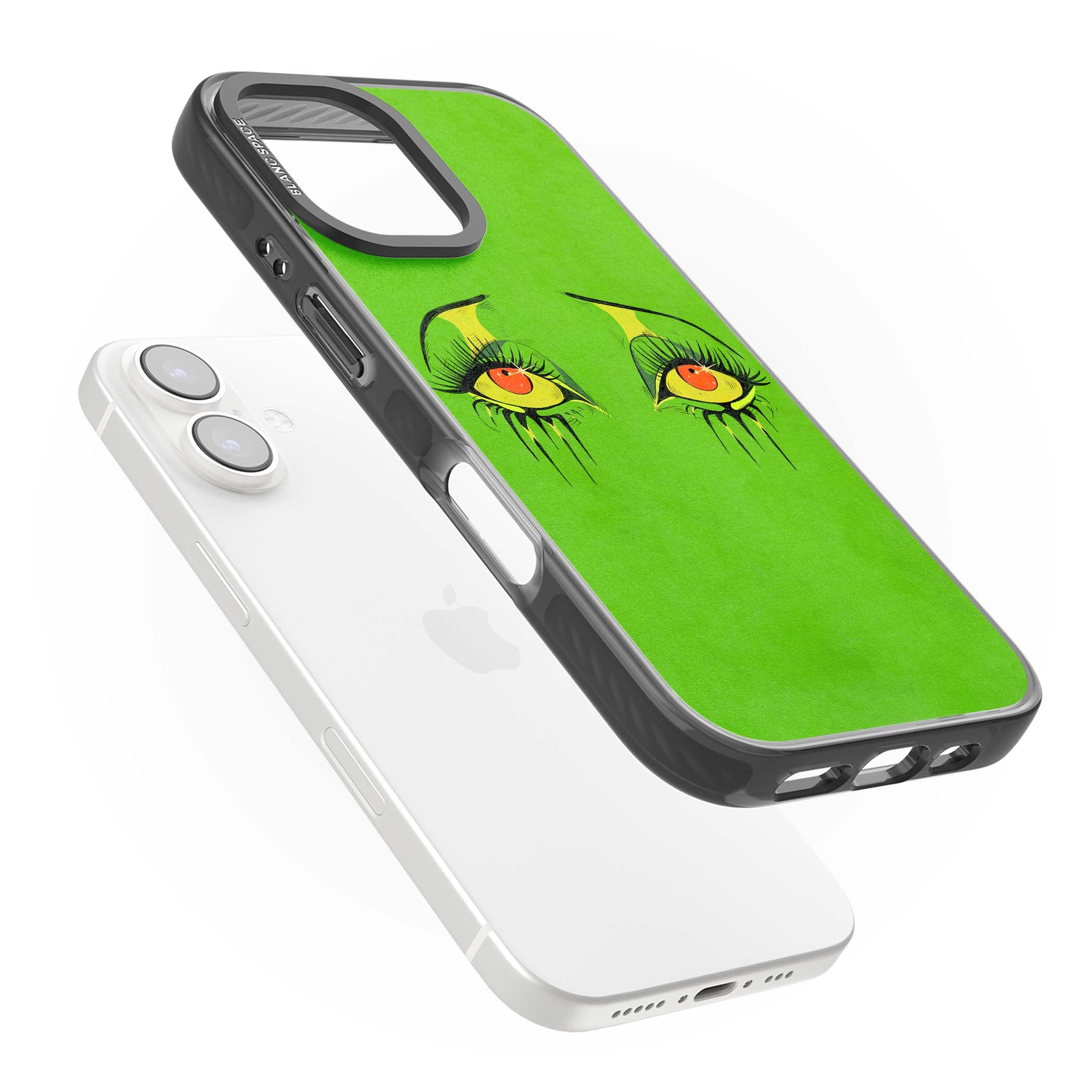 Green Enchanted Eyes psychedelic art iPhone case featuring hand-drawn dripping eyes on neon green background | Black Impact Magsafe case for iPhone 16, iPhone 16 Plus