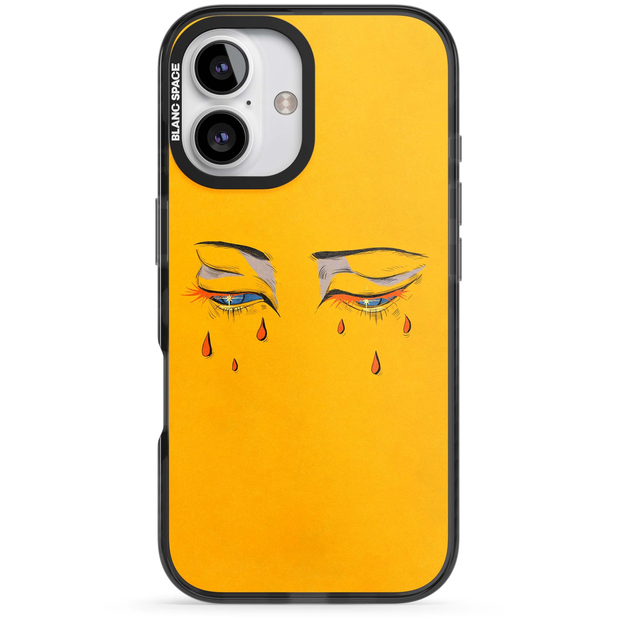 Yellow Tearful Eyes indie iPhone case featuring hand-drawn crying eyes with orange tears on a yellow background | Black Impact Magsafe case for iPhone 16, iPhone 16 Plus