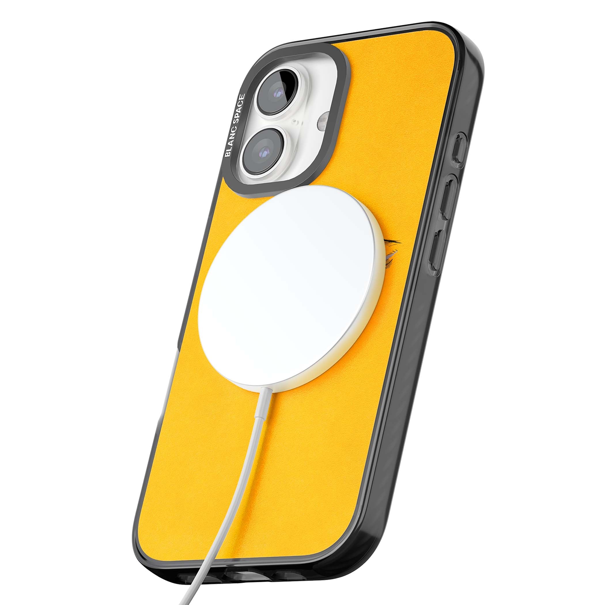 Yellow Tearful Eyes indie iPhone case featuring hand-drawn crying eyes with orange tears on a yellow background | Black Impact Magsafe case for iPhone 16, iPhone 16 Plus