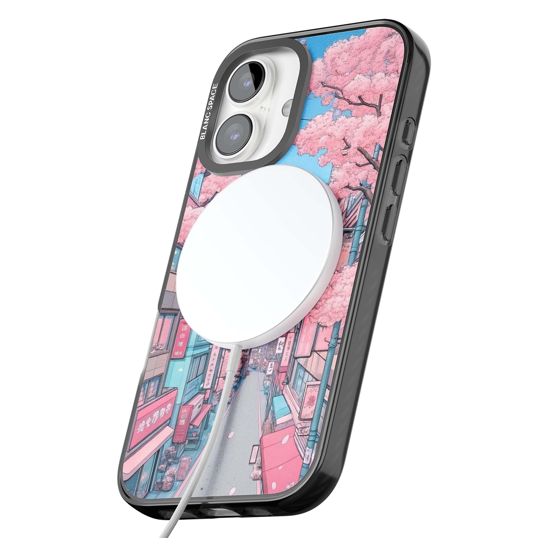 Sakura Lane anime iPhone case featuring Tokyo street scene with cherry blossoms and Mount Fuji | Black Impact Magsafe case for iPhone 16, iPhone 16 Plus