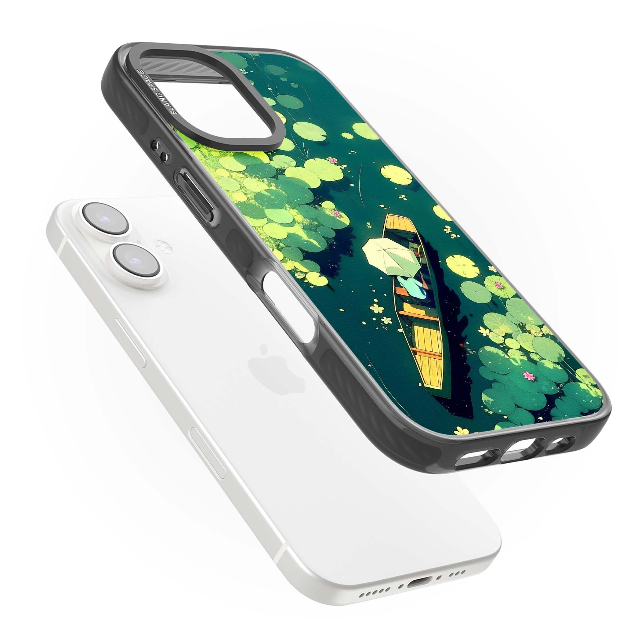 Jade Waters cottagecore iPhone case featuring a painted lily pond, wooden boat with parasol and floating water lilies | Black Impact Magsafe case for iPhone 16, iPhone 16 Plus