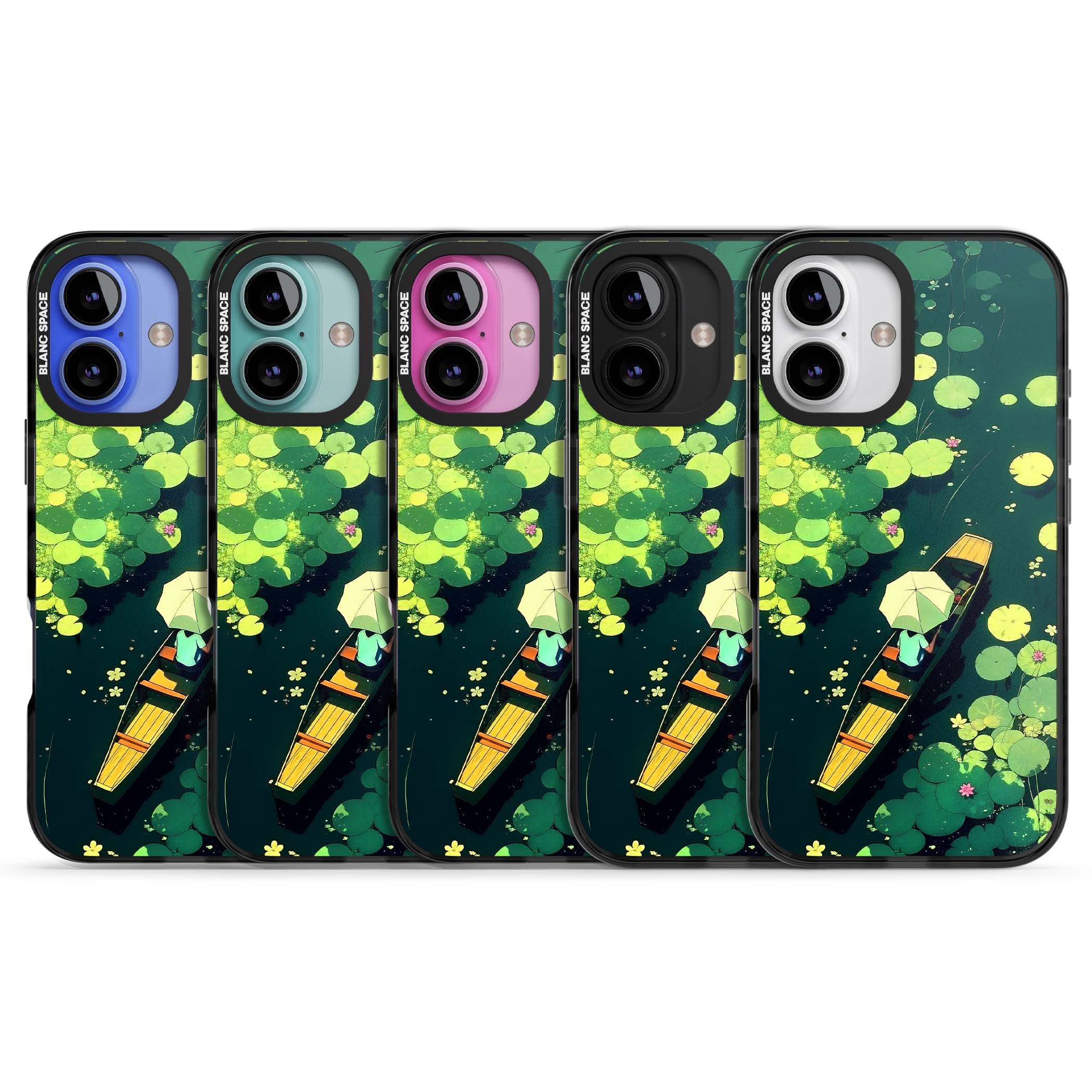 Jade Waters cottagecore iPhone case featuring a painted lily pond, wooden boat with parasol and floating water lilies | Black Impact Magsafe case for iPhone 16, iPhone 16 Plus