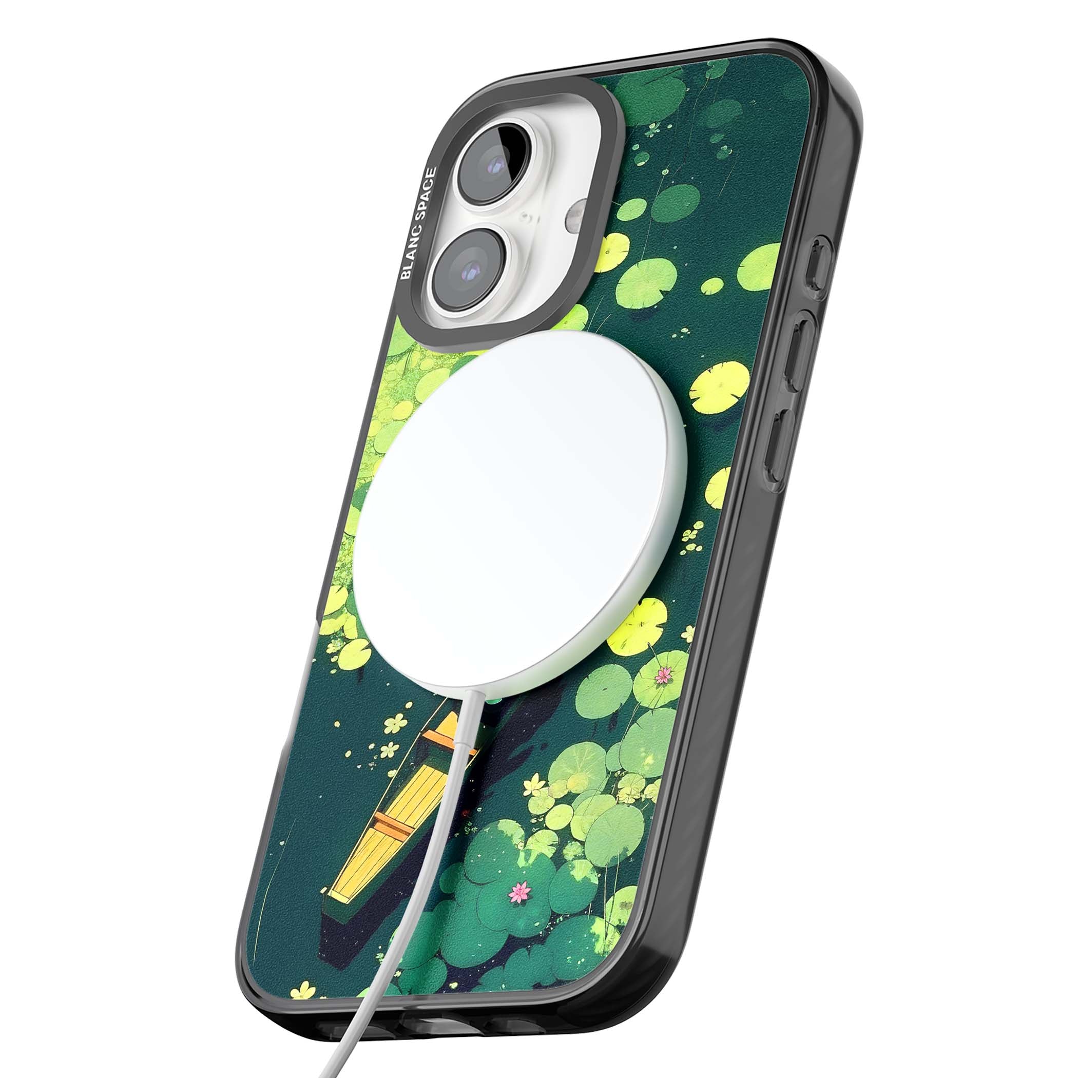 Jade Waters cottagecore iPhone case featuring a painted lily pond, wooden boat with parasol and floating water lilies | Black Impact Magsafe case for iPhone 16, iPhone 16 Plus