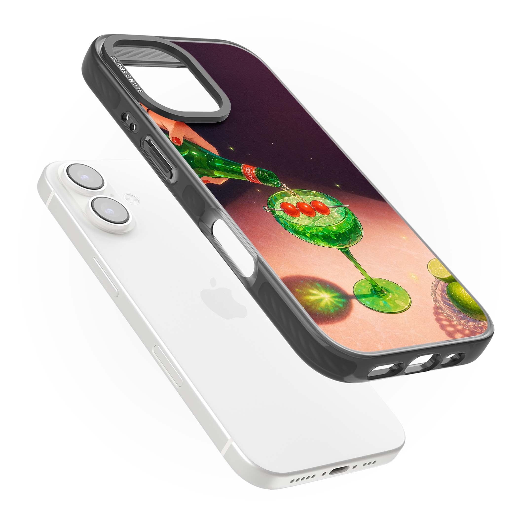 Absinthe Hour cocktail iPhone case featuring a green coupe glass, cherry garnish and vintage bottle pour illustration | Black Impact Magsafe case for iPhone 16, iPhone 16 Plus