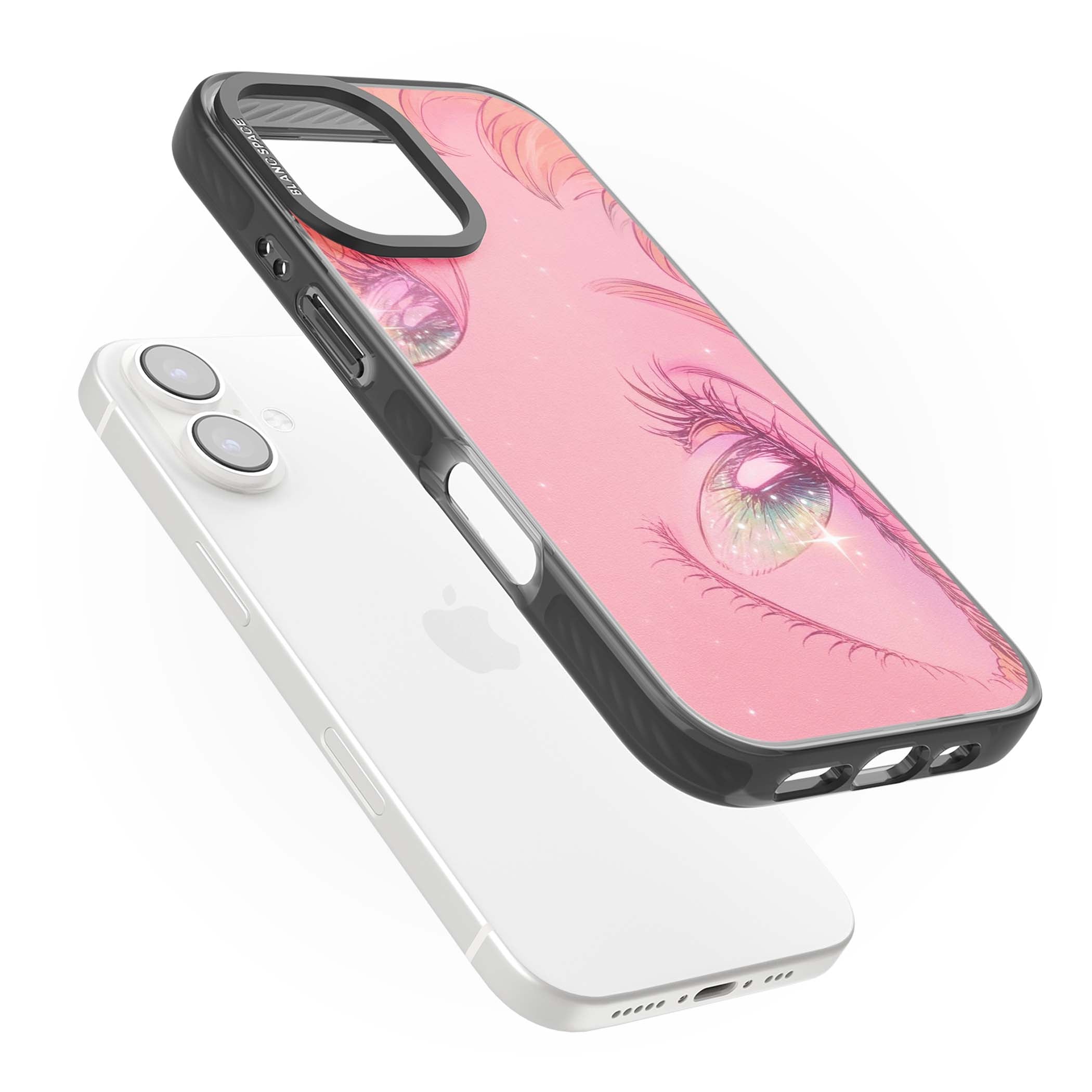Pink Ethereal Gaze anime iPhone case featuring sparkling manga eyes, coral lashes and dreamy peach sky | Black Impact Magsafe case for iPhone 16, iPhone 16 Plus