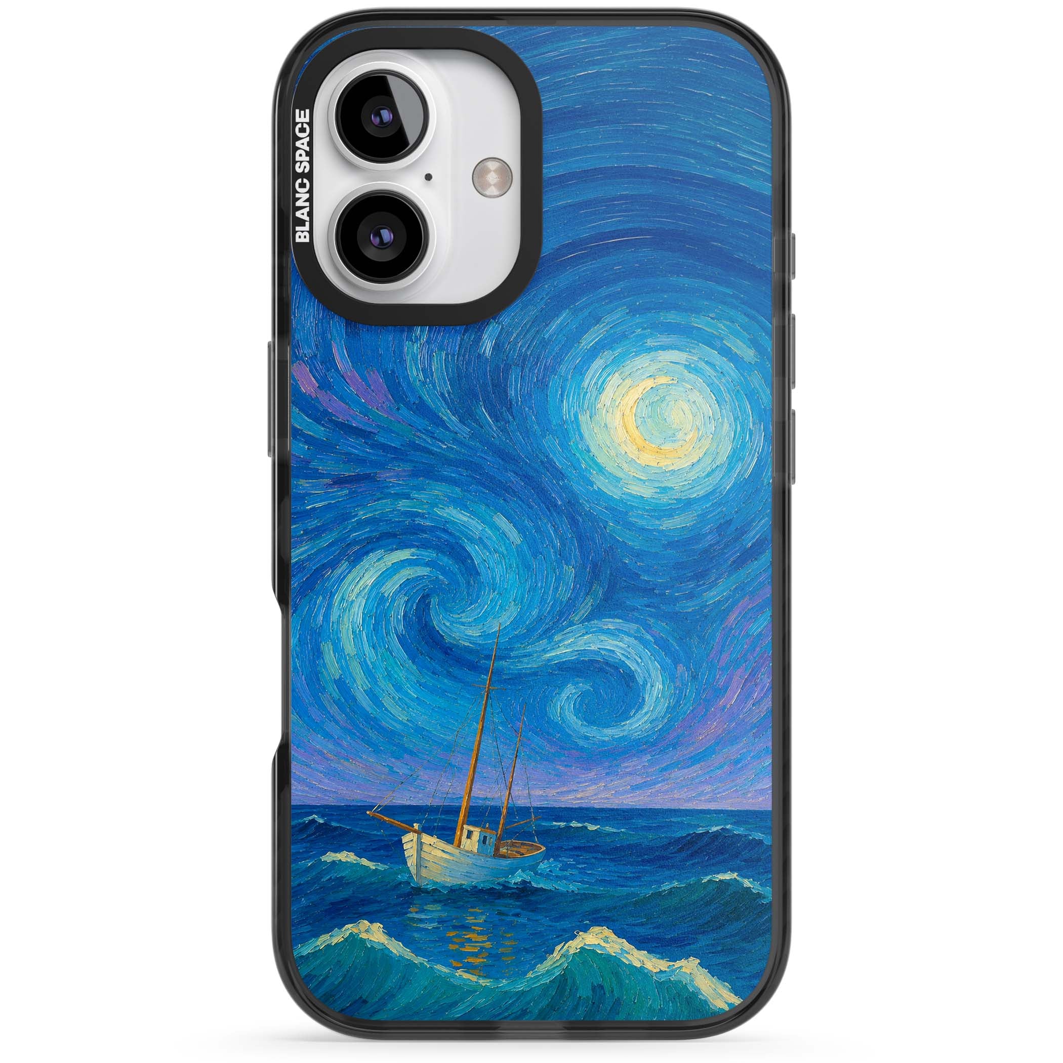 Moonlit Tide Van Gogh art iPhone case featuring swirling starry night sky, glowing moon and lone sailing boat at sea | Black Impact Magsafe case for iPhone 16, iPhone 16 Plus