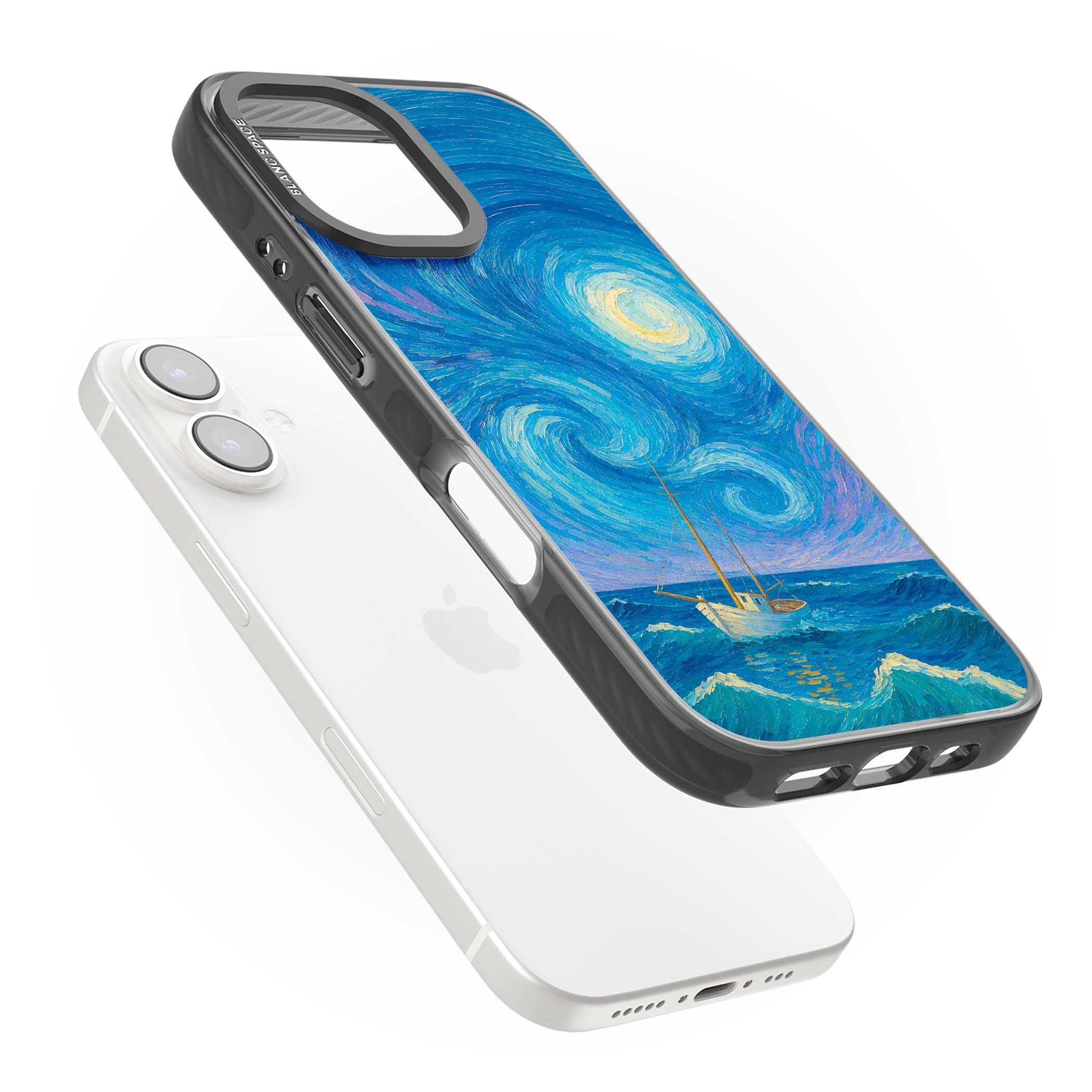 Moonlit Tide Van Gogh art iPhone case featuring swirling starry night sky, glowing moon and lone sailing boat at sea | Black Impact Magsafe case for iPhone 16, iPhone 16 Plus