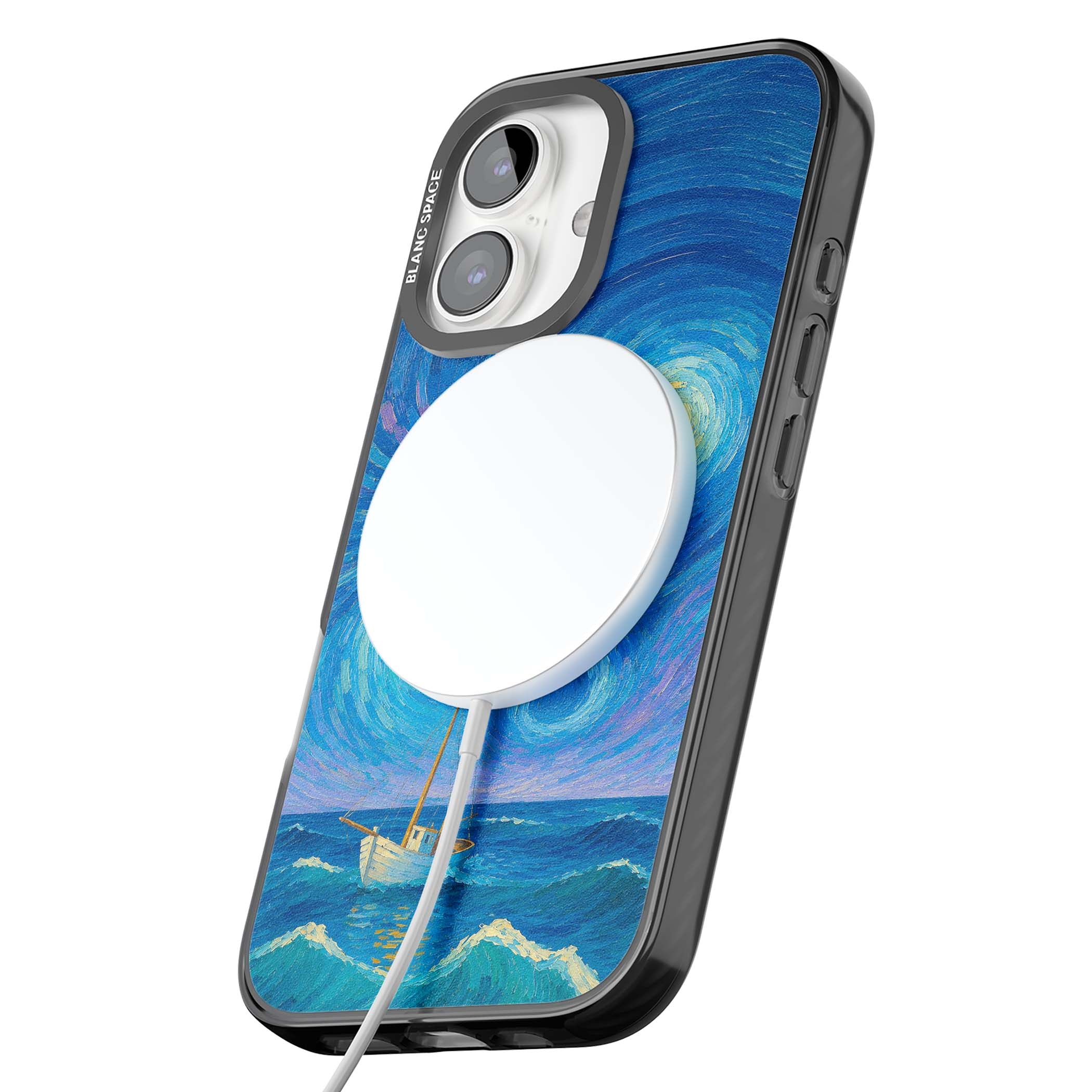 Moonlit Tide Van Gogh art iPhone case featuring swirling starry night sky, glowing moon and lone sailing boat at sea | Black Impact Magsafe case for iPhone 16, iPhone 16 Plus