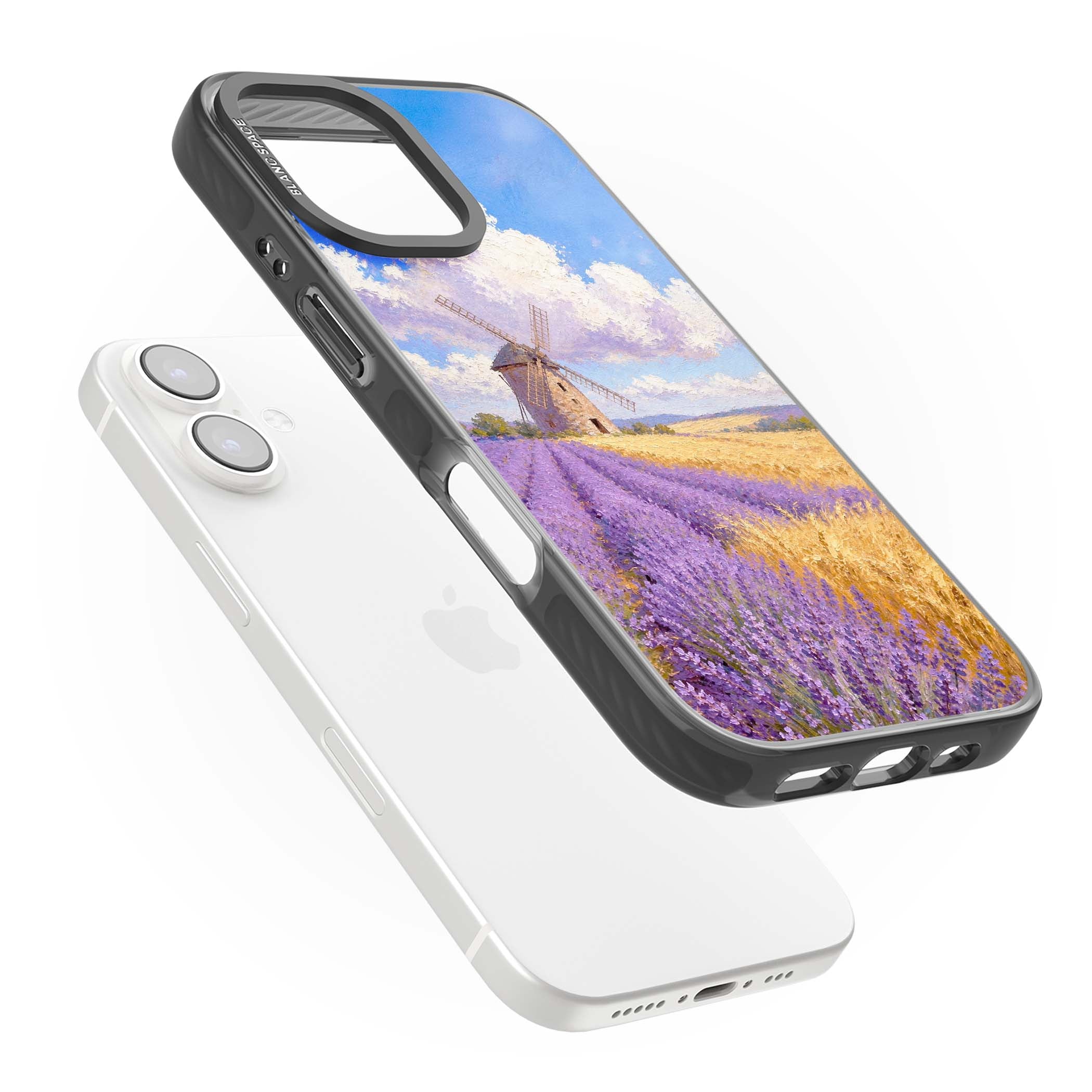 Lavender Mill cottagecore iPhone case featuring a French windmill, lavender field and golden wheat oil painting | Black Impact Magsafe case for iPhone 16, iPhone 16 Plus