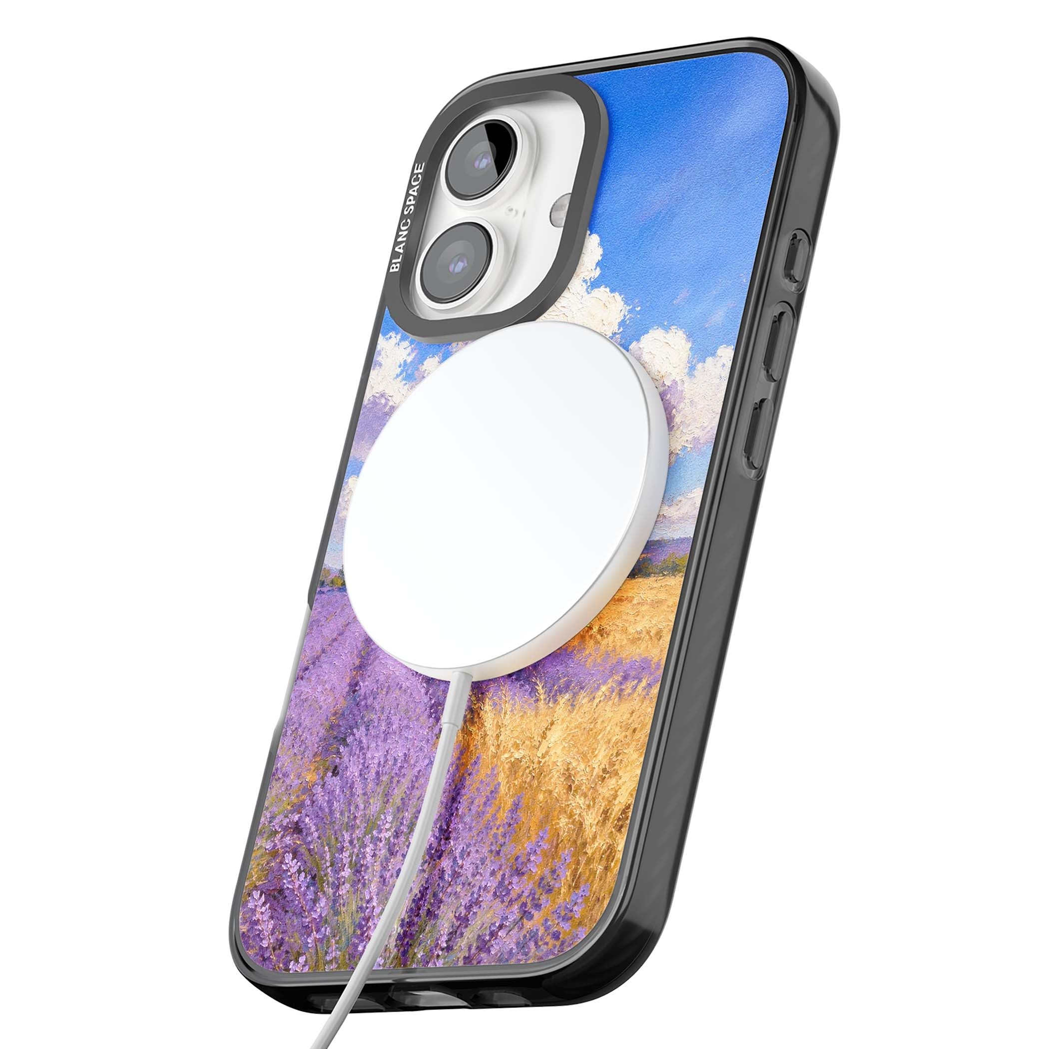 Lavender Mill cottagecore iPhone case featuring a French windmill, lavender field and golden wheat oil painting | Black Impact Magsafe case for iPhone 16, iPhone 16 Plus