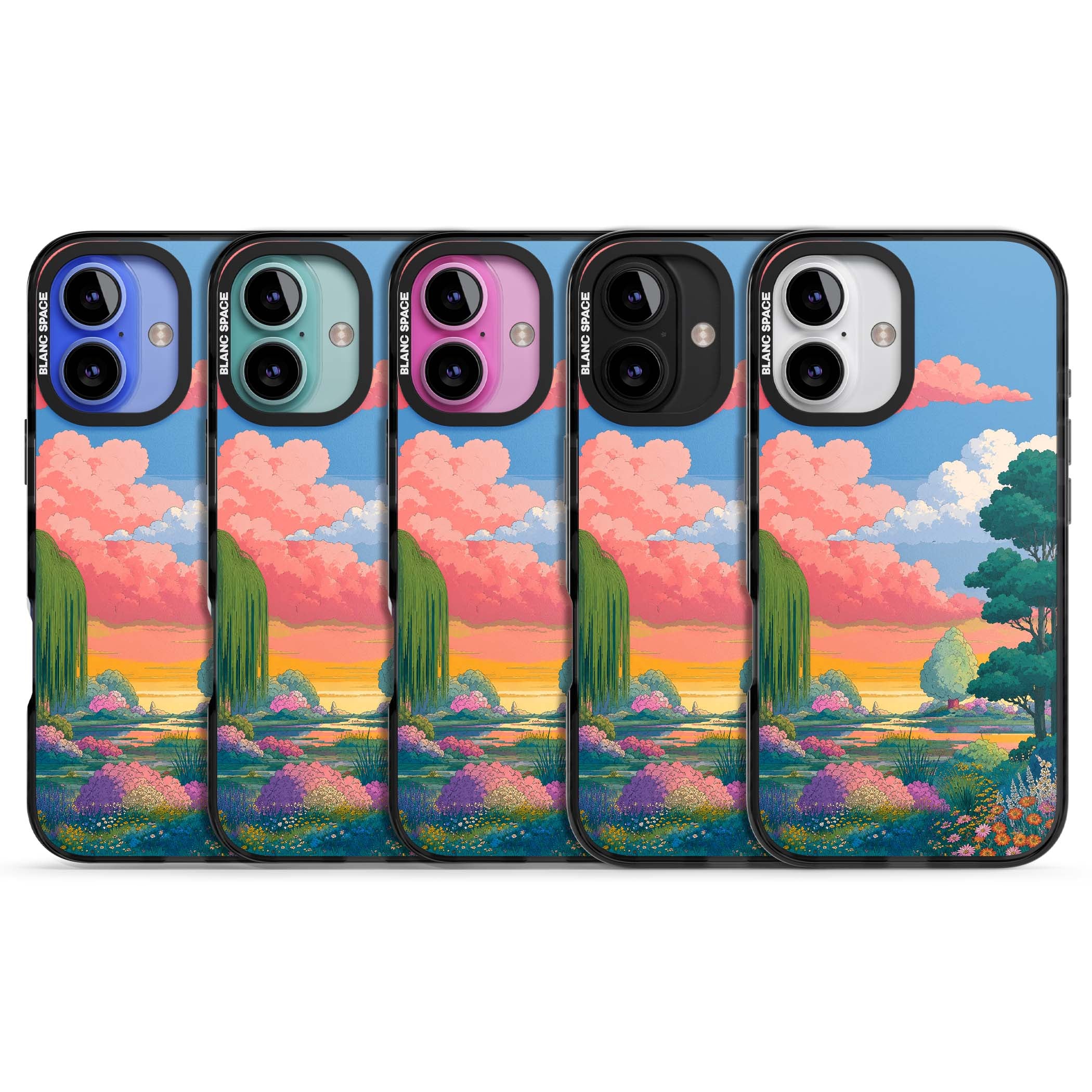 Dream Valley anime landscape iPhone case featuring pink sunset clouds, willow trees and wildflowers | Black Impact Magsafe case for iPhone 16, iPhone 16 Plus