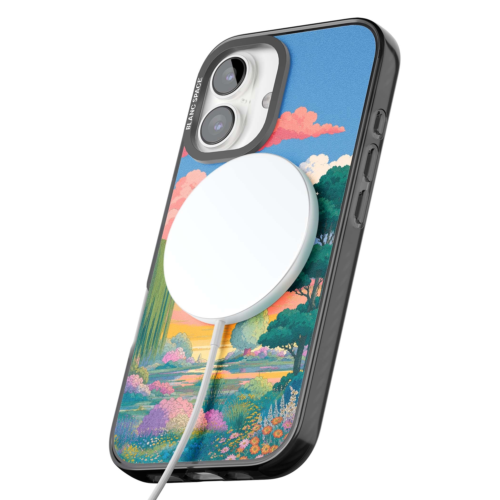 Dream Valley anime landscape iPhone case featuring pink sunset clouds, willow trees and wildflowers | Black Impact Magsafe case for iPhone 16, iPhone 16 Plus