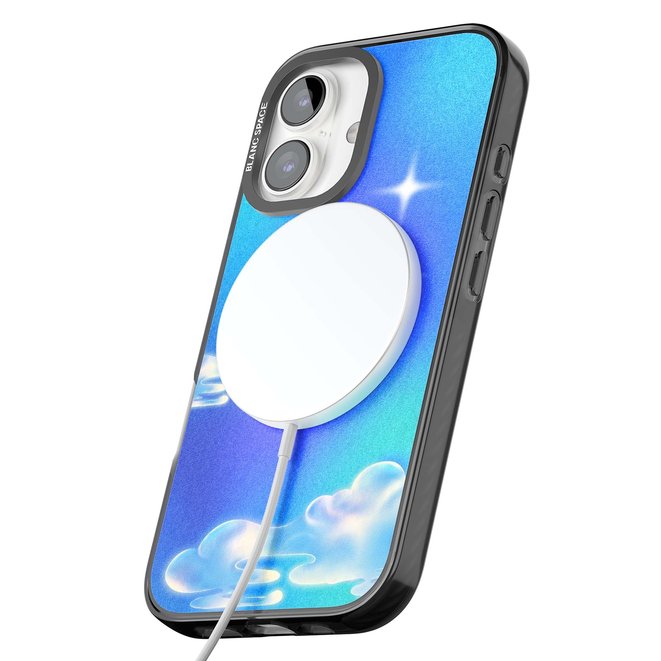 Aurora celestial iPhone case featuring dreamy iridescent clouds, sparkling stars and pastel blue purple sky | Black Impact Magsafe case for iPhone 16, iPhone 16 Plus