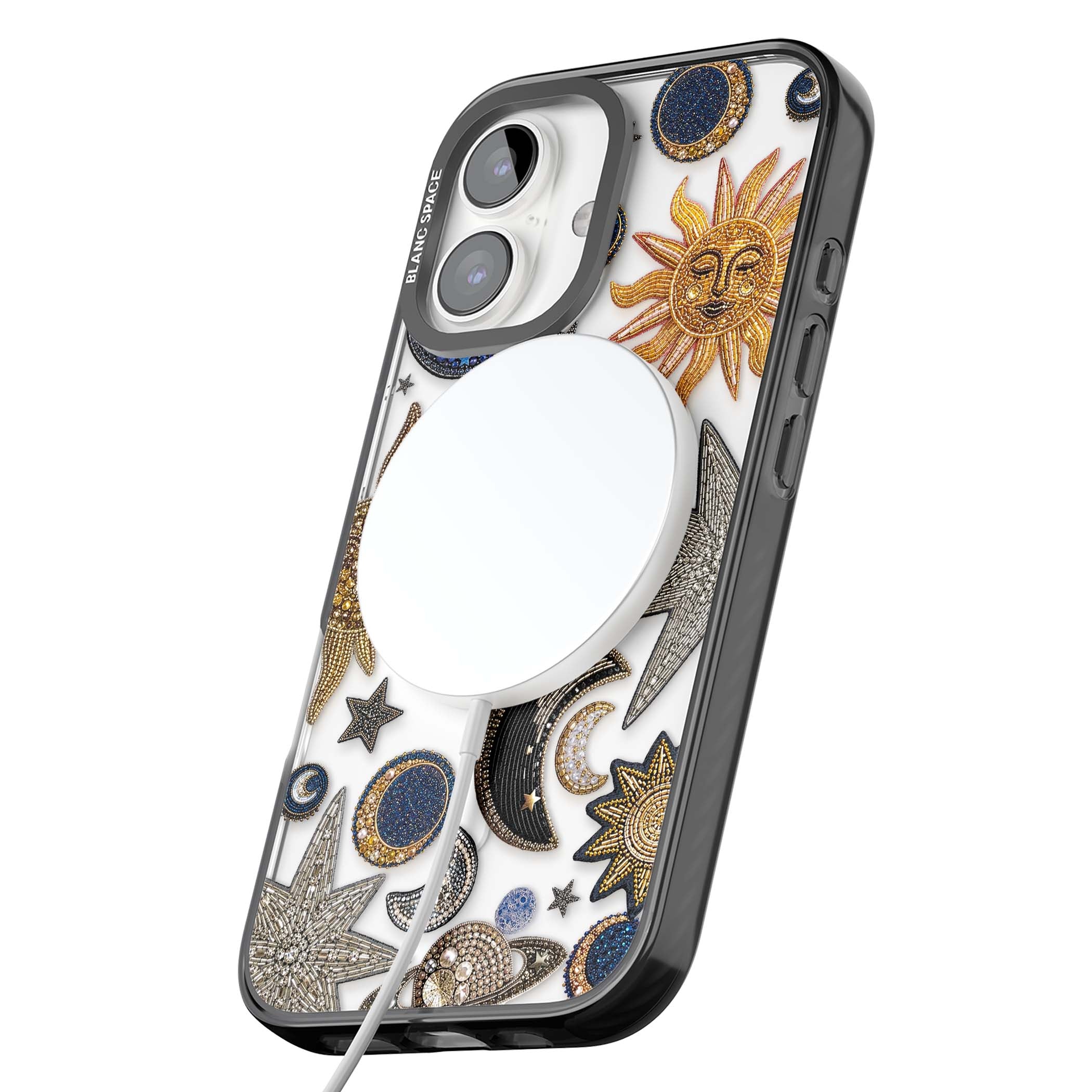 Beaded Cosmos celestial iPhone case featuring embroidered golden suns, beaded planets and silver shooting stars | Black Impact Magsafe case for iPhone 16, iPhone 16 Plus
