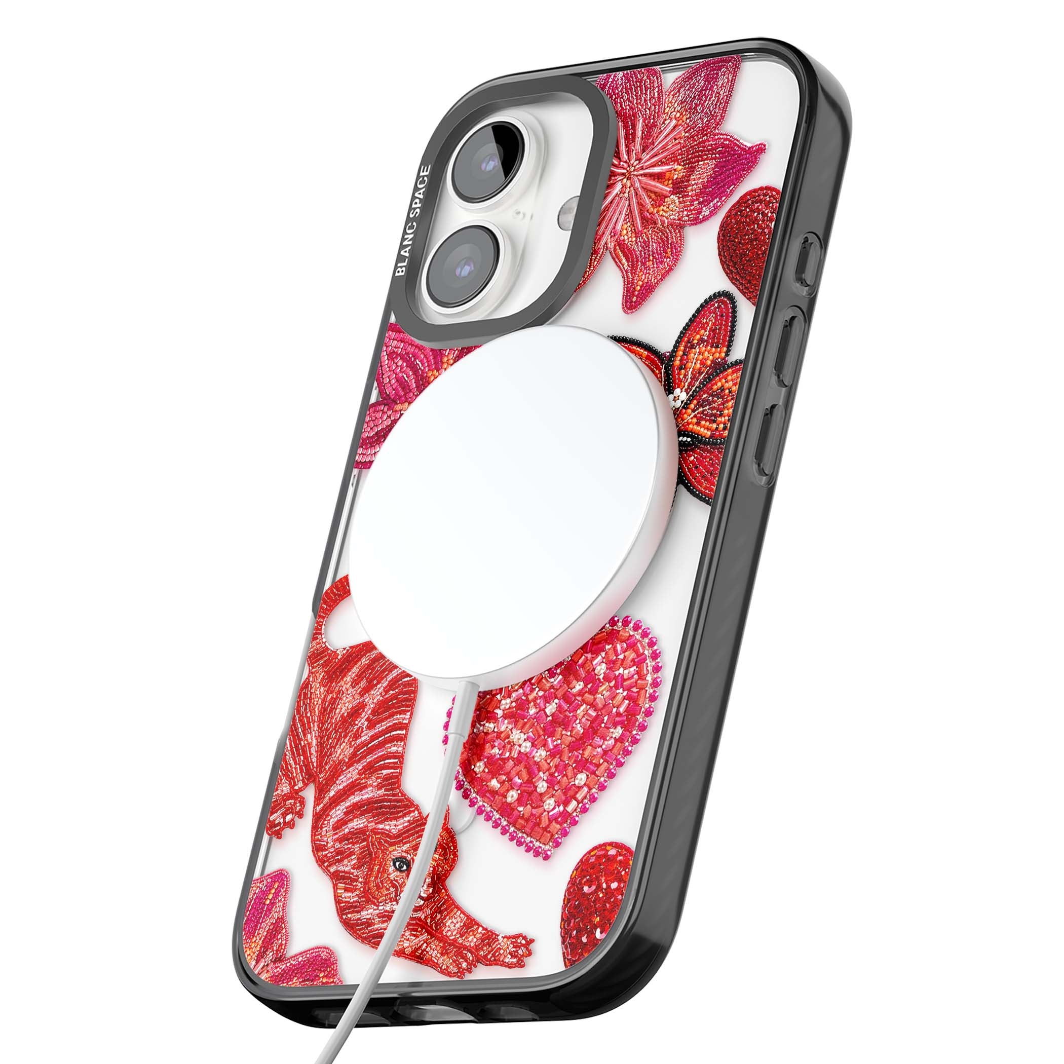 Beaded Boho floral iPhone case featuring beaded red lilies, a stitched tiger, and pearl-encrusted hearts on clear | Black Impact Magsafe case for iPhone 16, iPhone 16 Plus