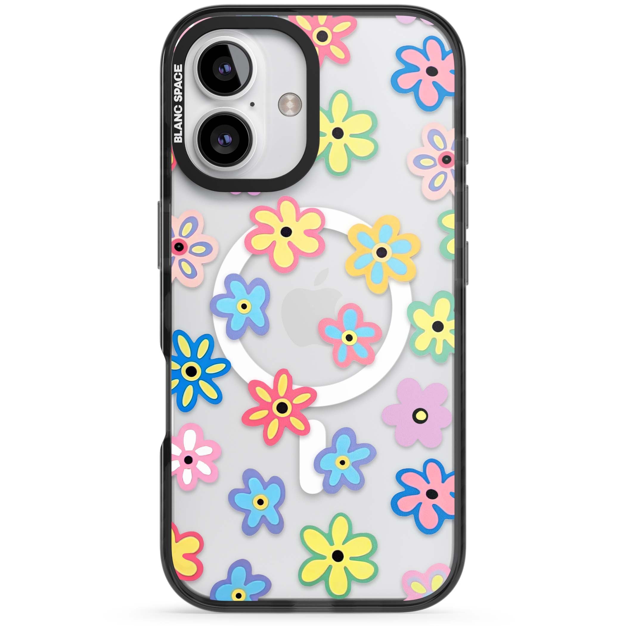 Bloom Pop cottagecore iPhone case featuring multicolor pastel flowers with black centers on clear background | Black Impact Magsafe case for iPhone 16, iPhone 16 Plus
