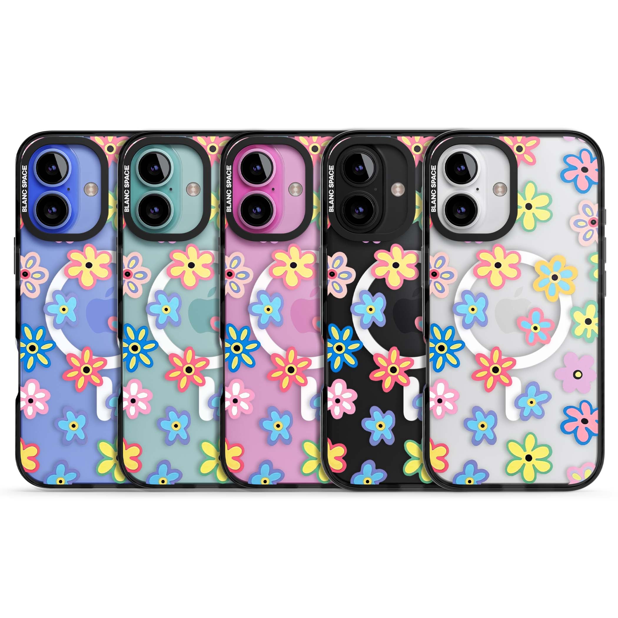 Bloom Pop cottagecore iPhone case featuring multicolor pastel flowers with black centers on clear background | Black Impact Magsafe case for iPhone 16, iPhone 16 Plus