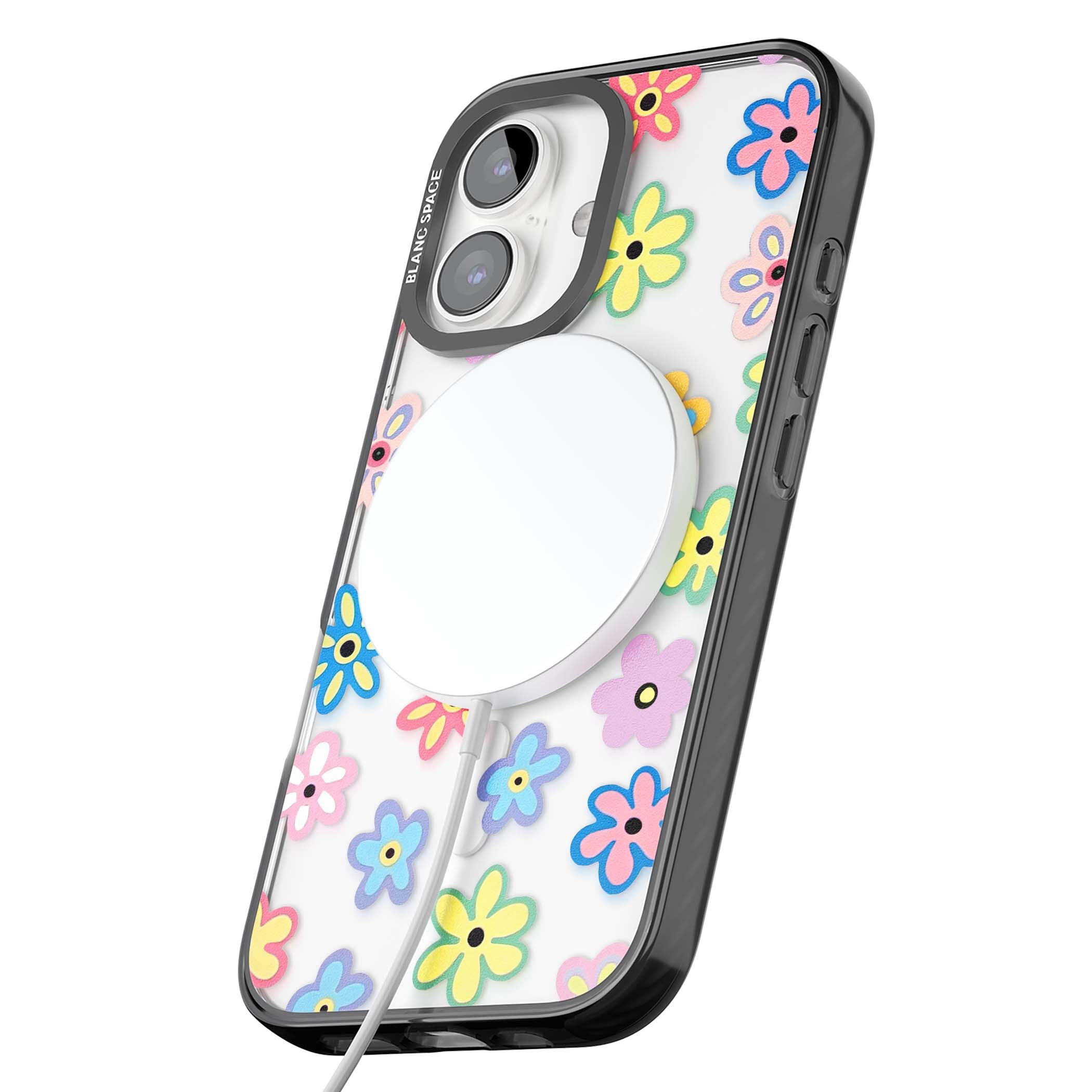 Bloom Pop cottagecore iPhone case featuring multicolor pastel flowers with black centers on clear background | Black Impact Magsafe case for iPhone 16, iPhone 16 Plus