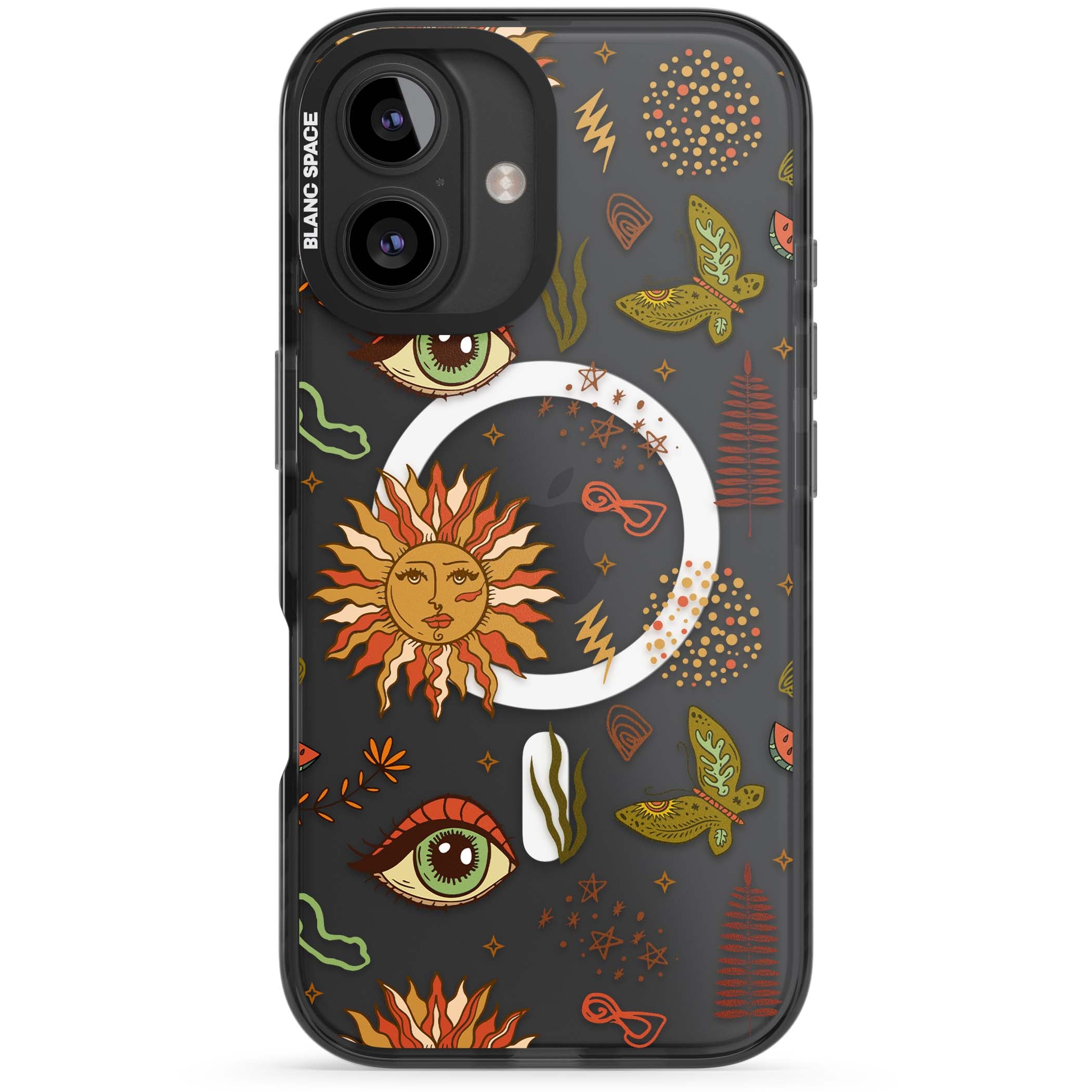 Elevate Your Phone'S Style With This Boho Celestial Sun & Eye Phone Case, Featuring A Mystical Blend Of Suns, All-Seeing Eyes, Butterflies, Stars, And